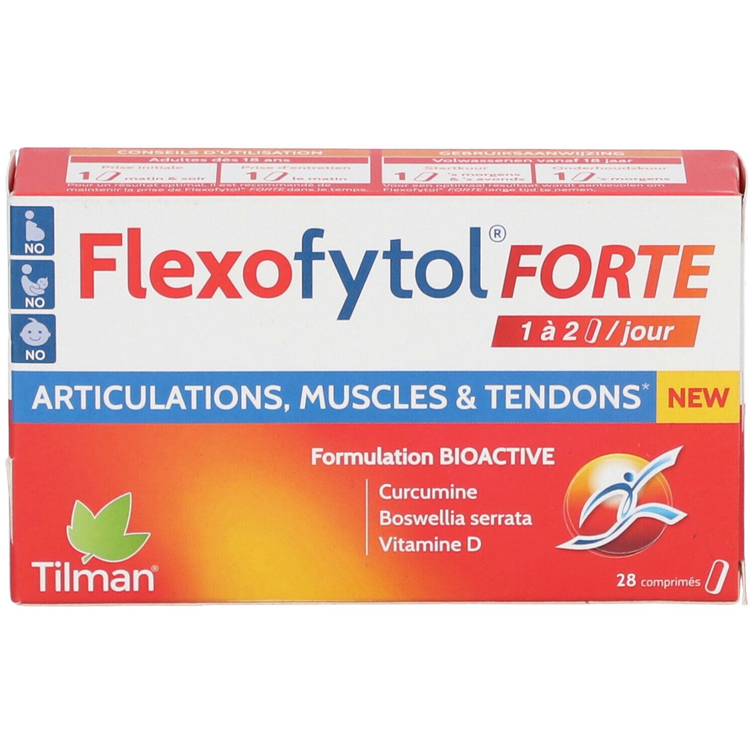 Flexofytol Forte verpakking. Rode en witte doos met productnaam en ingrediënten. Bevat 28 tabletten.