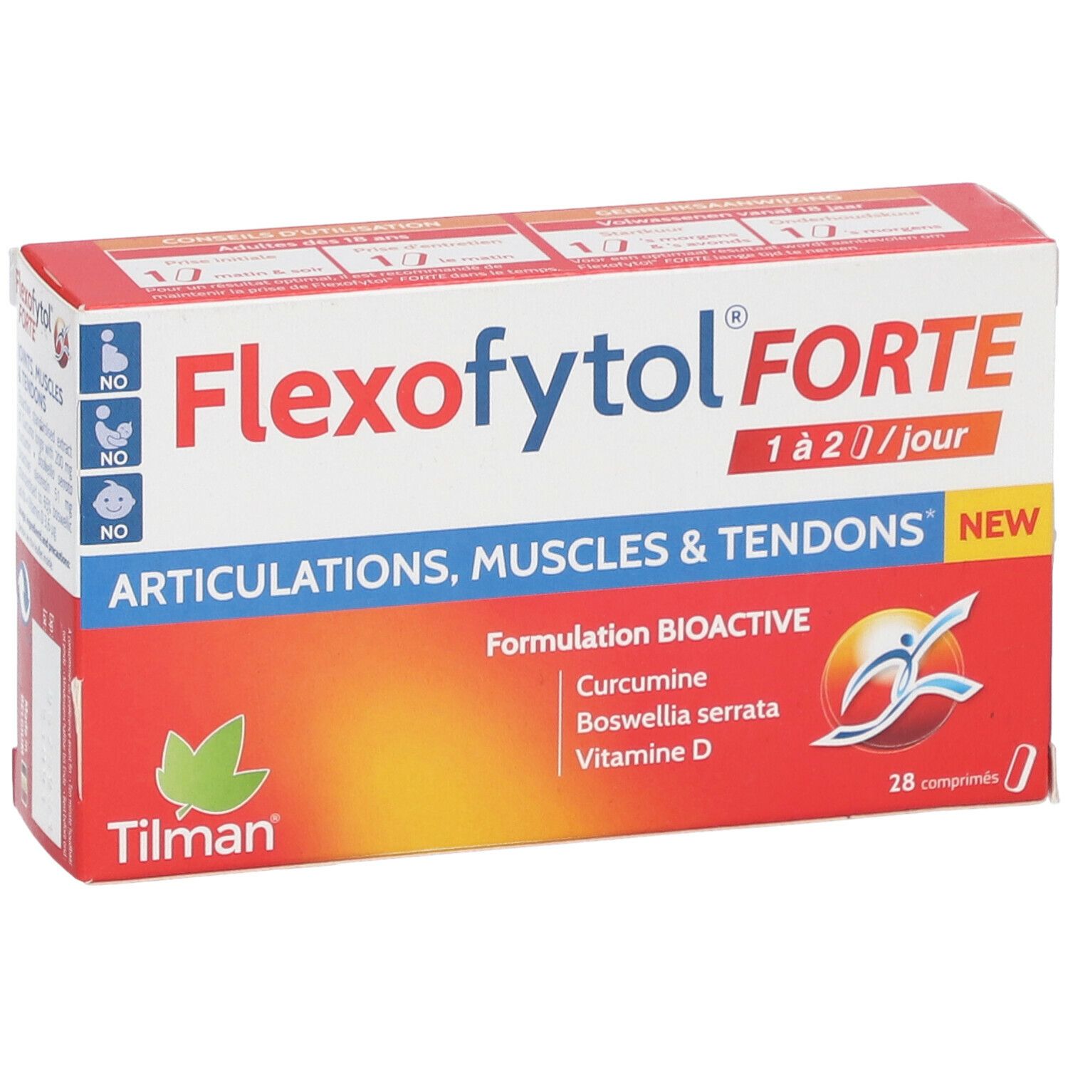 Flexofytol Forte verpakking. Rode en witte doos met productnaam en ingrediënten. Bevat 28 tabletten.