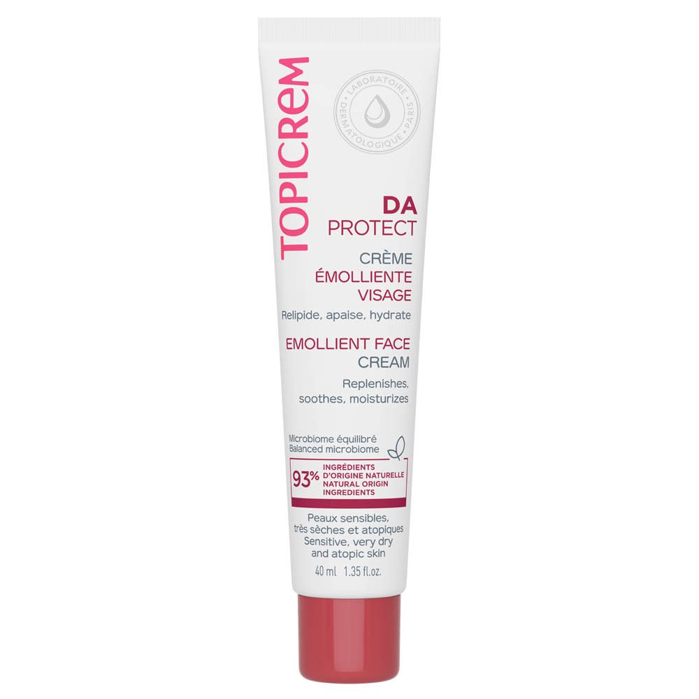 Tube blanc avec bouchon rouge. Nom du produit: TOPICREM. Texte: DA Protect Crème Emolliente Visage, Emollient Face Cream. 40 ml.