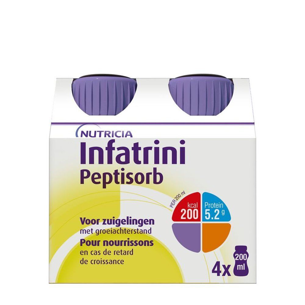 Verpakking met twee flessen Infatrini Peptisorb. Opschriften: Nutricia, Infatrini Peptisorb, 4 x 200 ml.