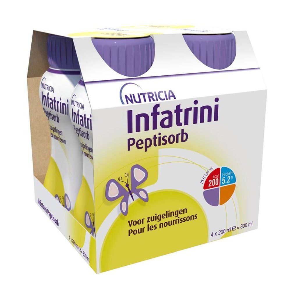 Verpakking met twee flessen Infatrini Peptisorb. Opschriften: Nutricia, Infatrini Peptisorb, 4 x 200 ml.