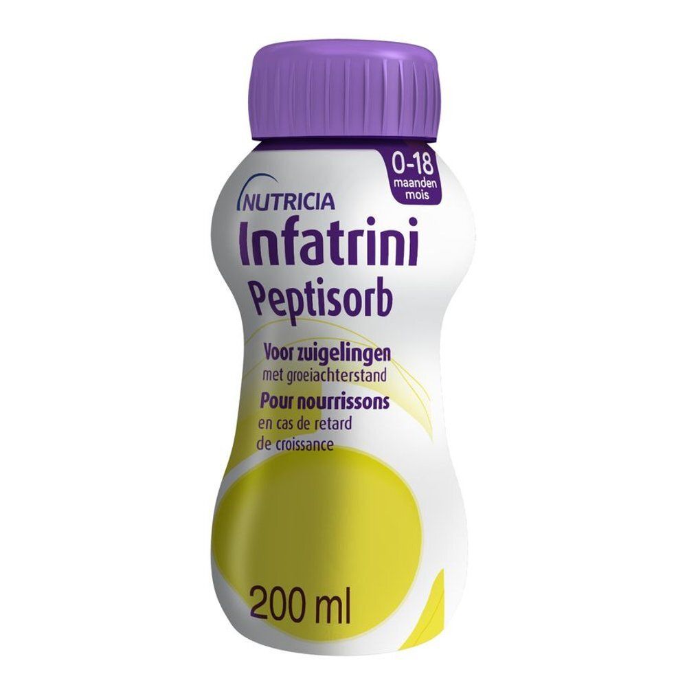 Enkele fles Infatrini Peptisorb. Opschriften: Nutricia, Infatrini Peptisorb, 200 ml.