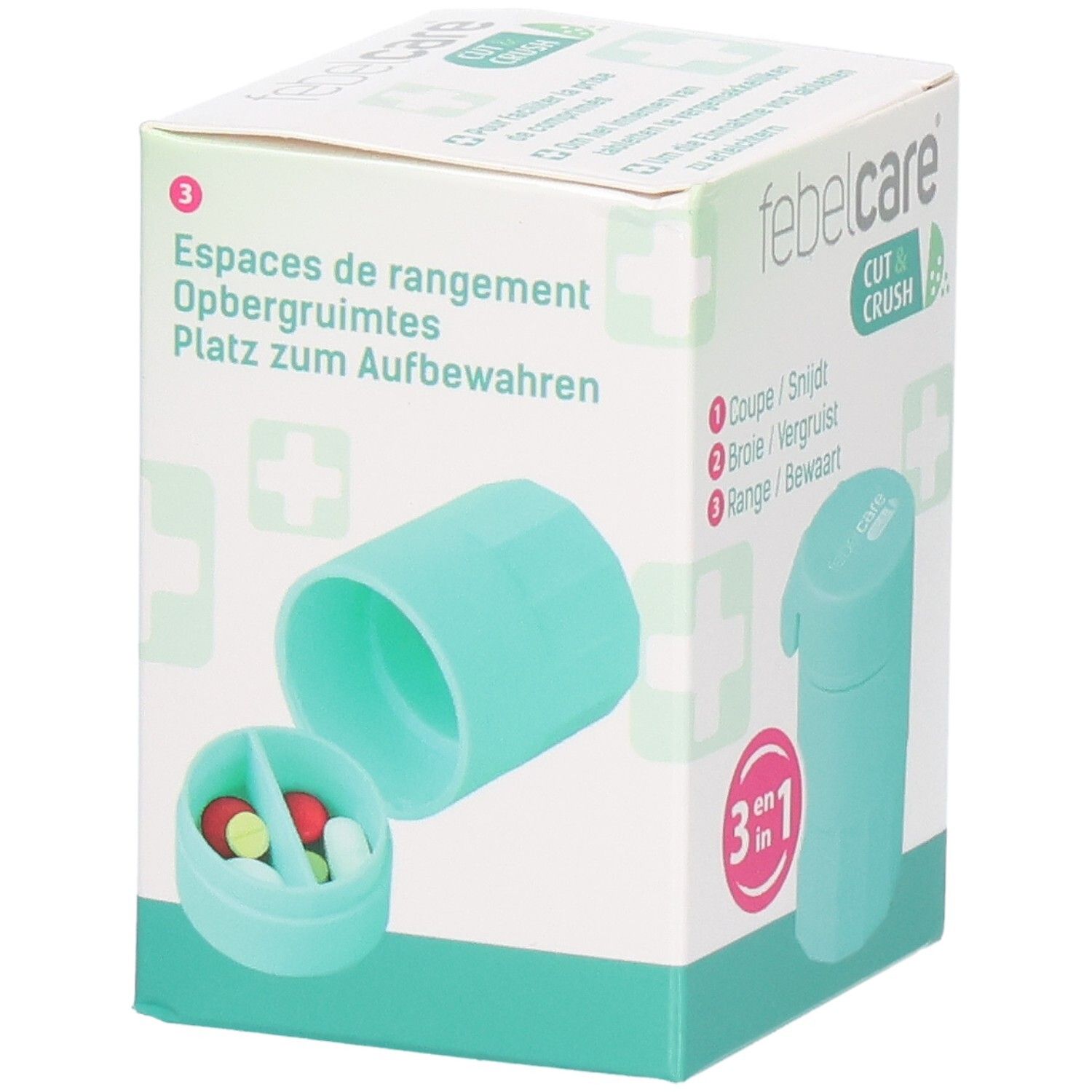Verpakking van Febelcare Cut & Crush. Tablettensnijder, -vermaler en opbergvak. Turquoise.