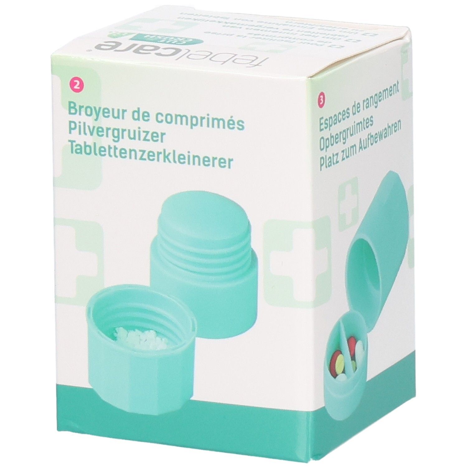 Verpakking van Febelcare Cut & Crush. Tablettensnijder en -vermaler. Turquoise. Vermalen tabletten zichtbaar.