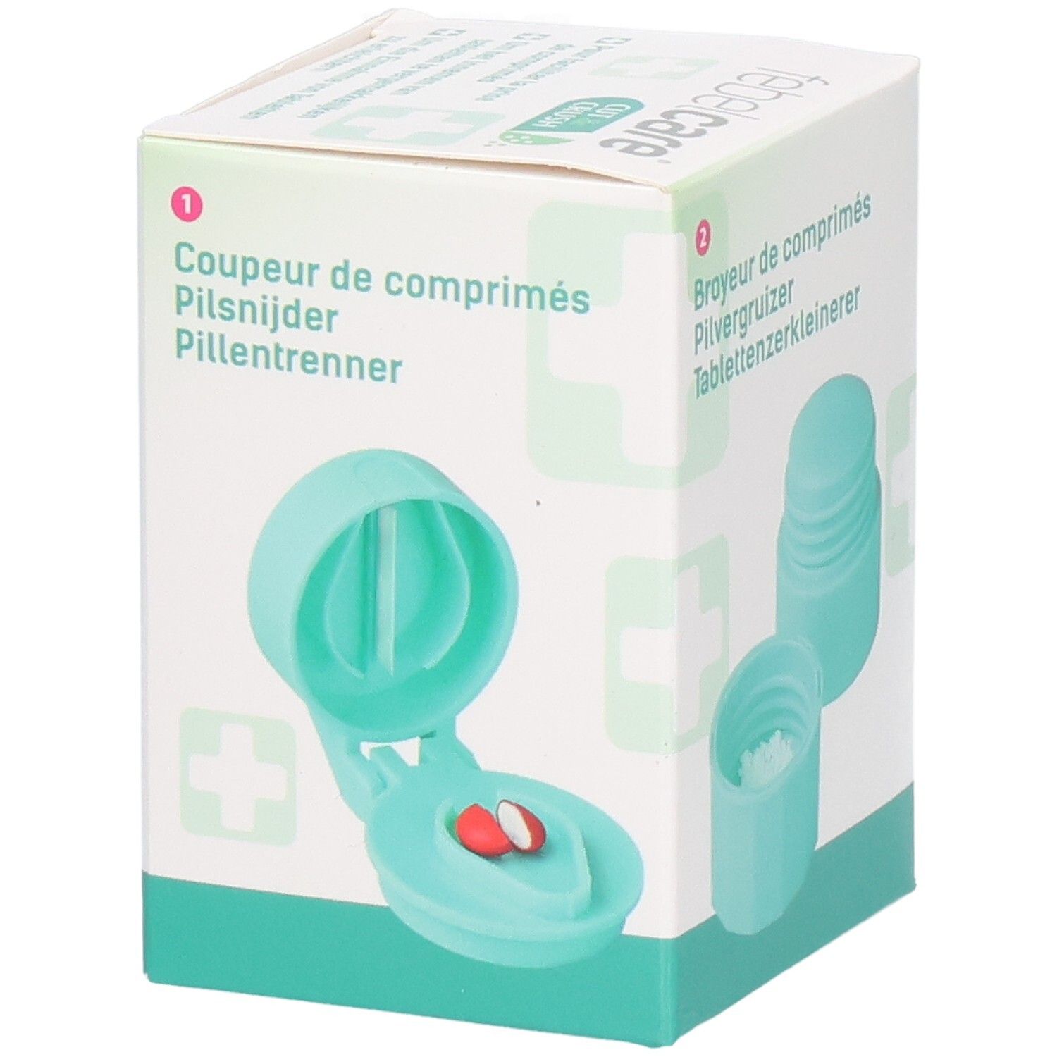 Verpakking van Febelcare Cut & Crush. Tablettensnijder en -vermaler. Turquoise. Tablet in de tablettensnijder.