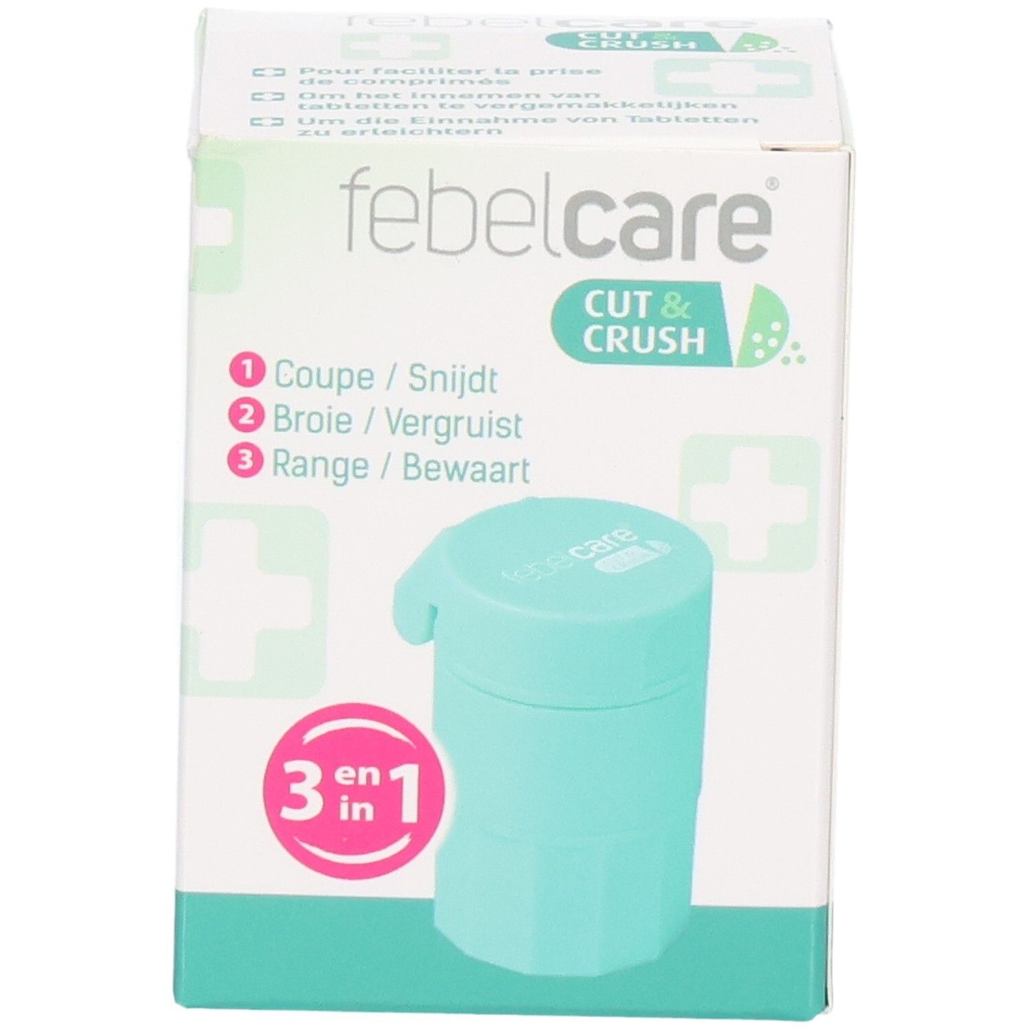 Verpakking van Febelcare Cut & Crush. Turquoise tablettensnijder en -vermaler. 3-in-1-functie.