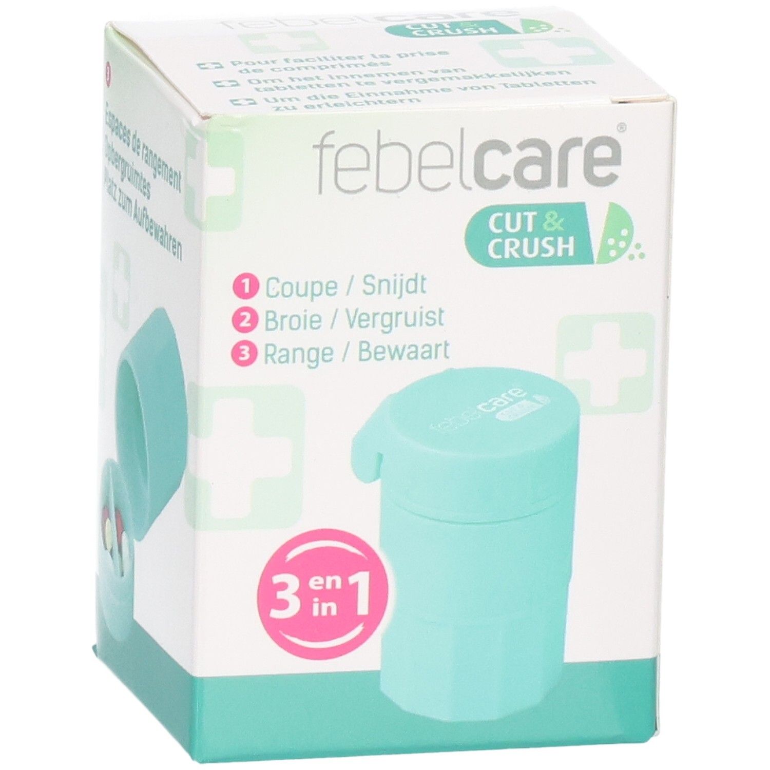 Verpakking van Febelcare Cut & Crush. Tablettensnijder en -vermaler. Turquoise. 3-in-1-functie.