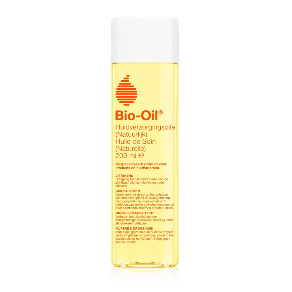 Bio-Oil® fles met witte dop. Gele vloeistof. Oranje logo en opschrift.