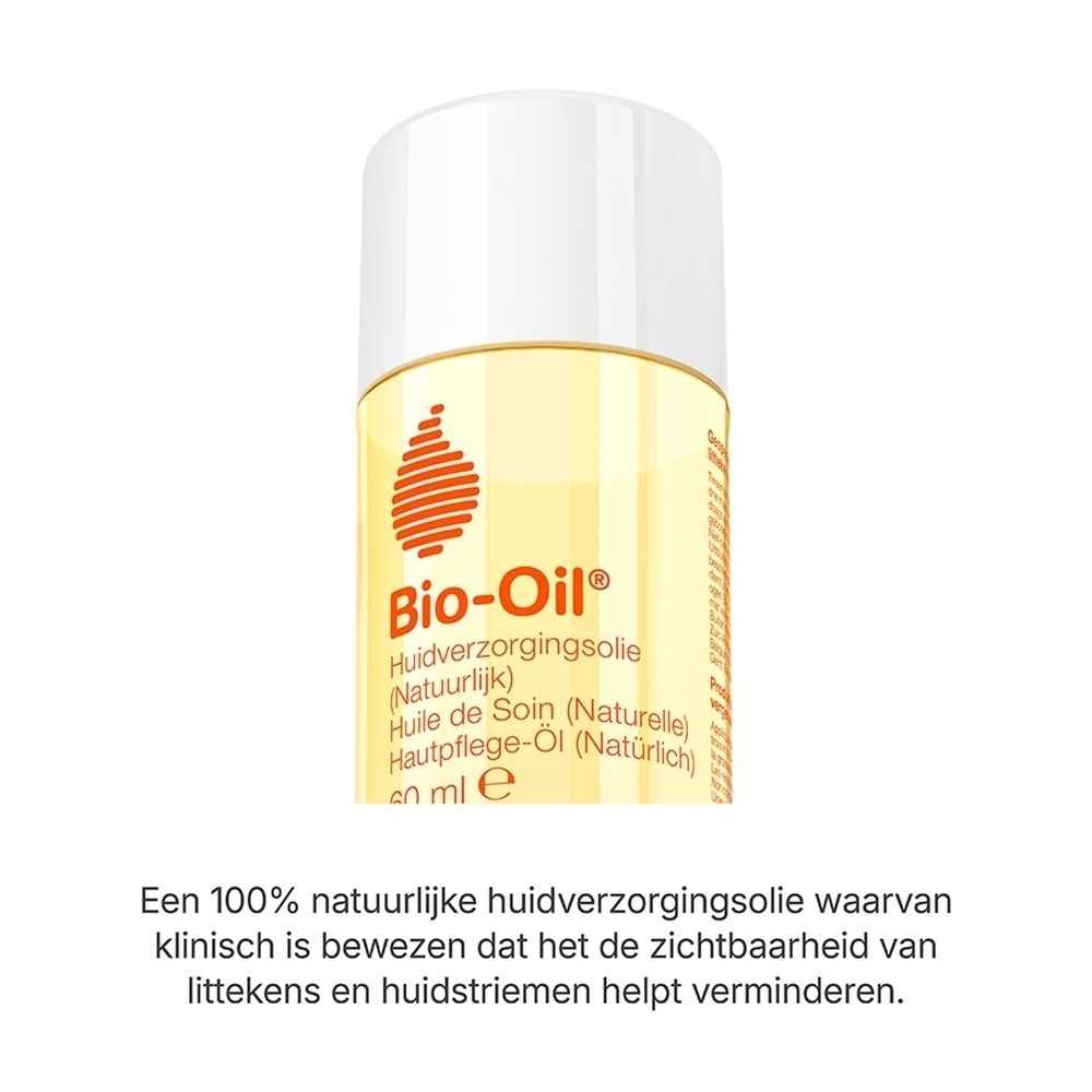 Bio-Oil fles met witte dop, gevuld met gele olie. Oranjerood logo en productinformatie op het etiket.