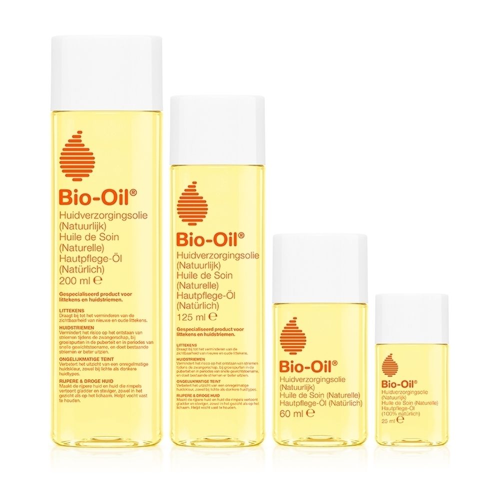 Bio-Oil fles met witte dop, gevuld met gele olie. Oranjerood logo en productinformatie op het etiket.