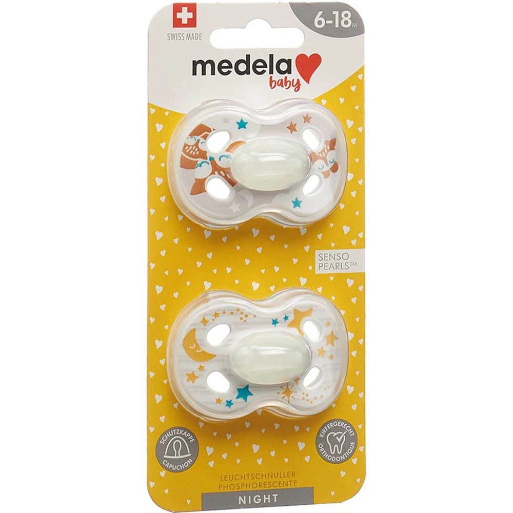 Twee Medela Baby nachtspeentjes, 6-18 maanden, lichtgevend, met dierenmotieven.