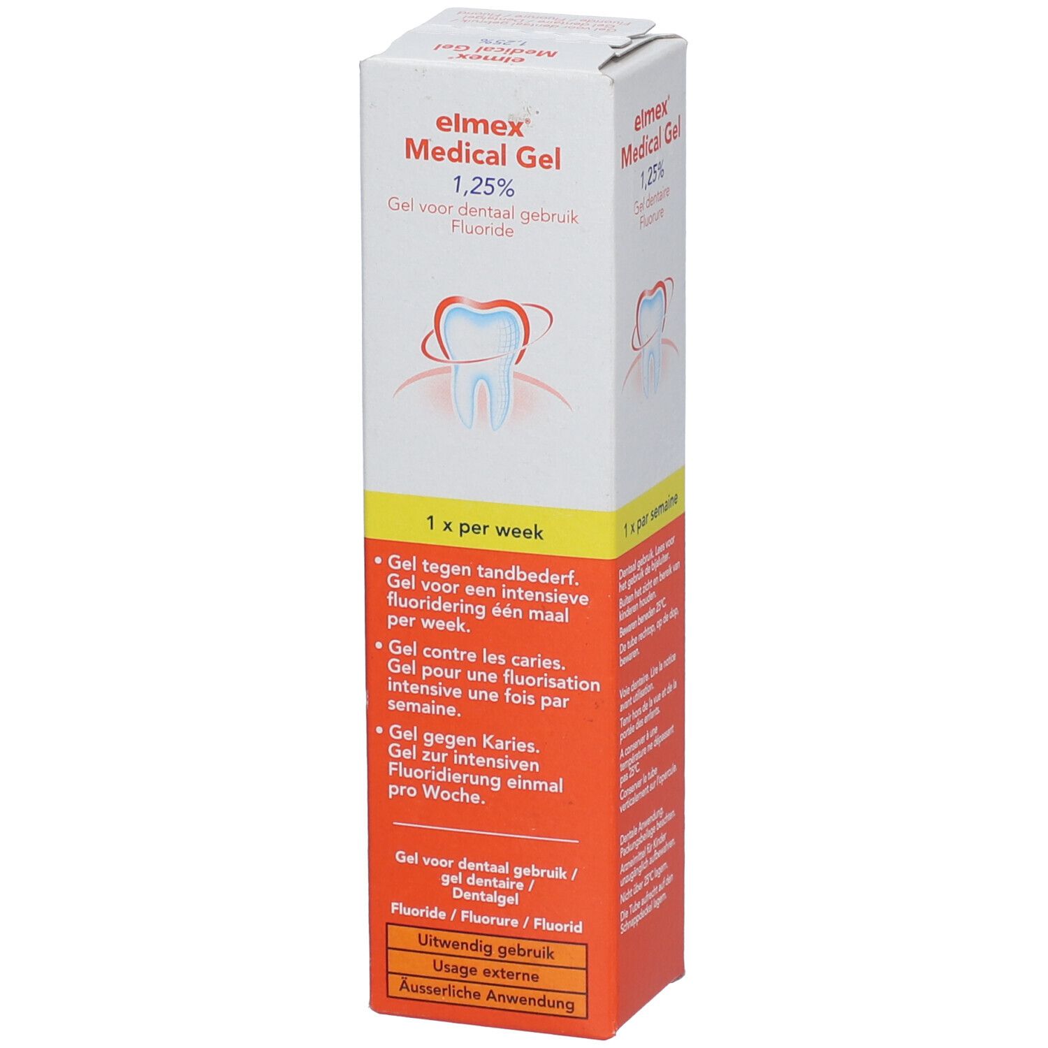 Boîte verticale d'Elmex Medical Gel 1,25%. Contient des informations sur l'utilisation et les ingrédients.