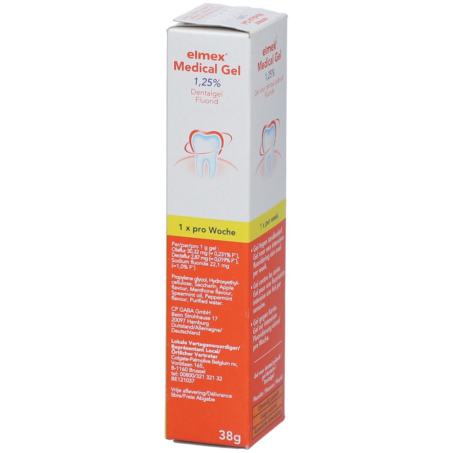 Elmex Medical Gel 1,25% en boîte. Dos avec ingrédients et informations du fabricant.