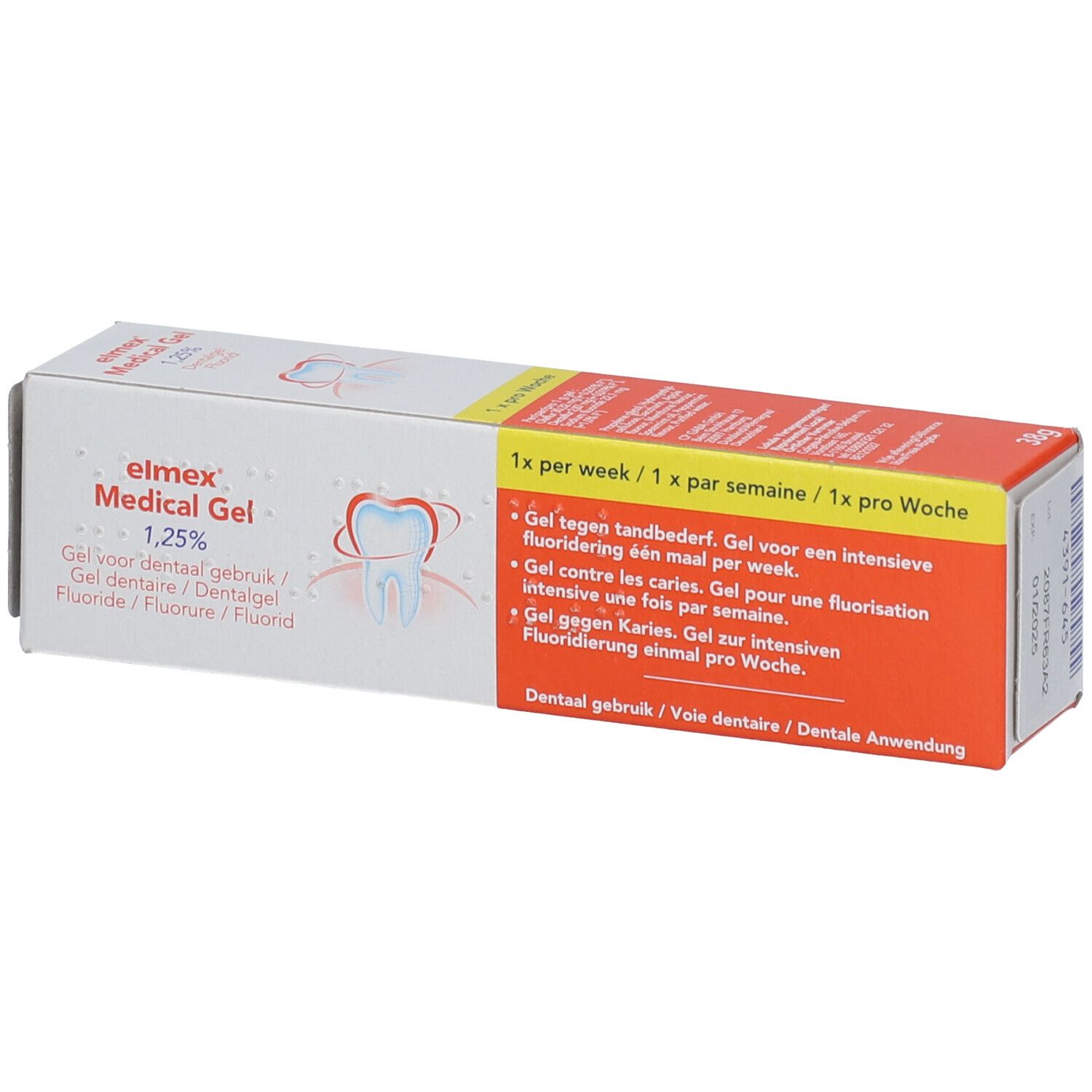 Elmex Medical Gel 1,25% en boîte plate. Contient des informations sur l'utilisation et les ingrédients.