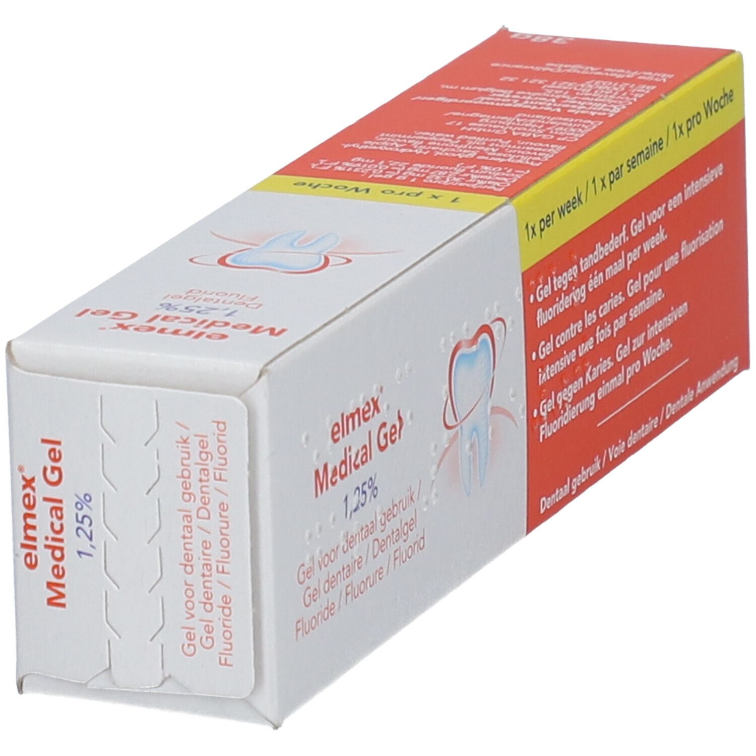 Elmex Medical Gel 1,25% en boîte. Vue de dessus et en biais.