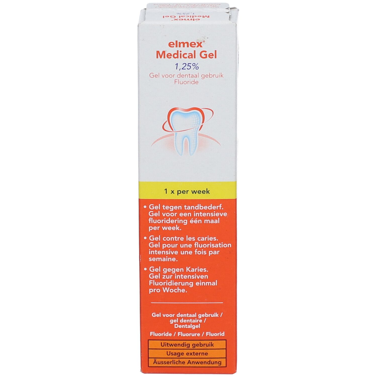 Boîte verticale d'Elmex Medical Gel 1,25%. Contient des informations sur l'utilisation.