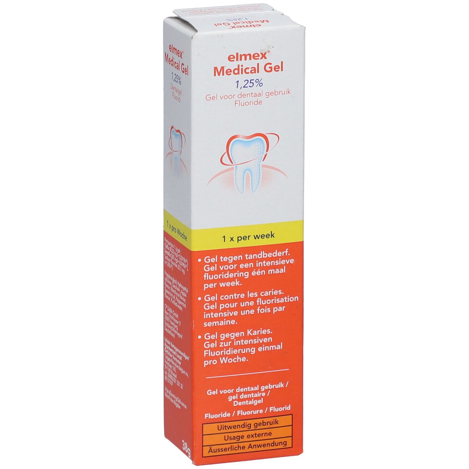Boîte verticale d'Elmex Medical Gel 1,25%. Contient des informations sur l'utilisation.