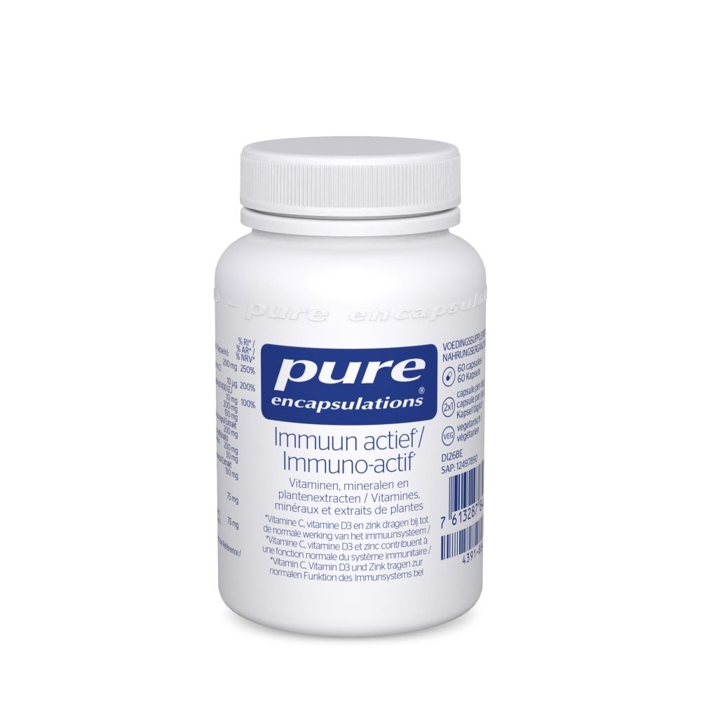 Flacon blanc de capsules. Inscription: Pure Encapsulations, Immuun actief/Immuno-actif. Contient vitamines et minéraux.