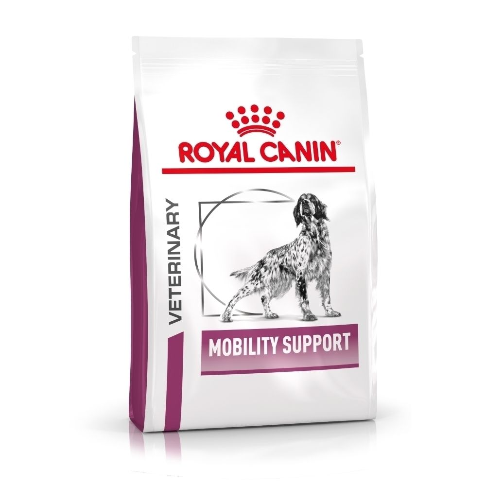 Voorkant van een zak Royal Canin Mobility Support hondenvoer, met hondenafbeelding en productnaam.