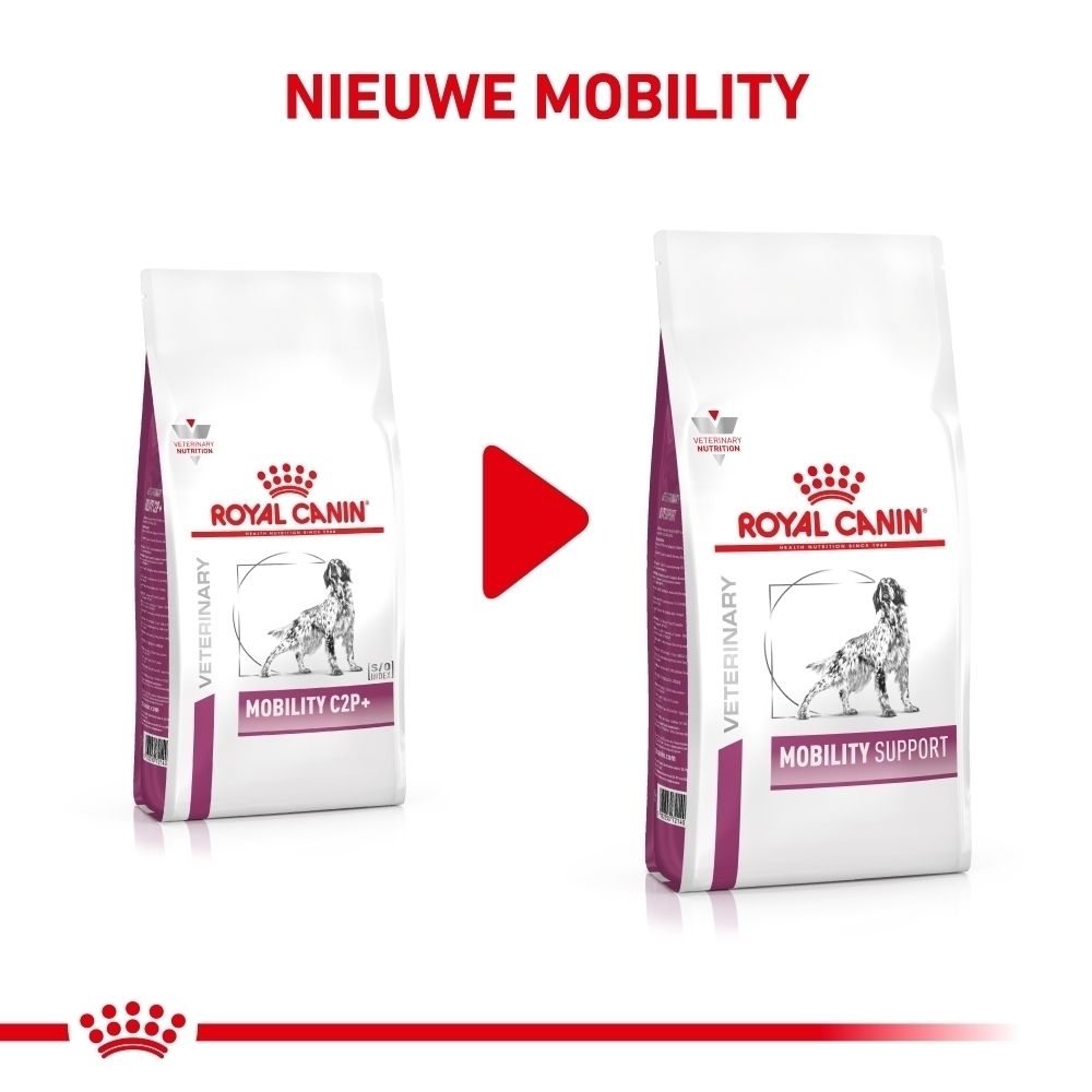 Vergelijking van twee zakken hondenvoer van Royal Canin: links Mobility C2P+, rechts Mobility Support.