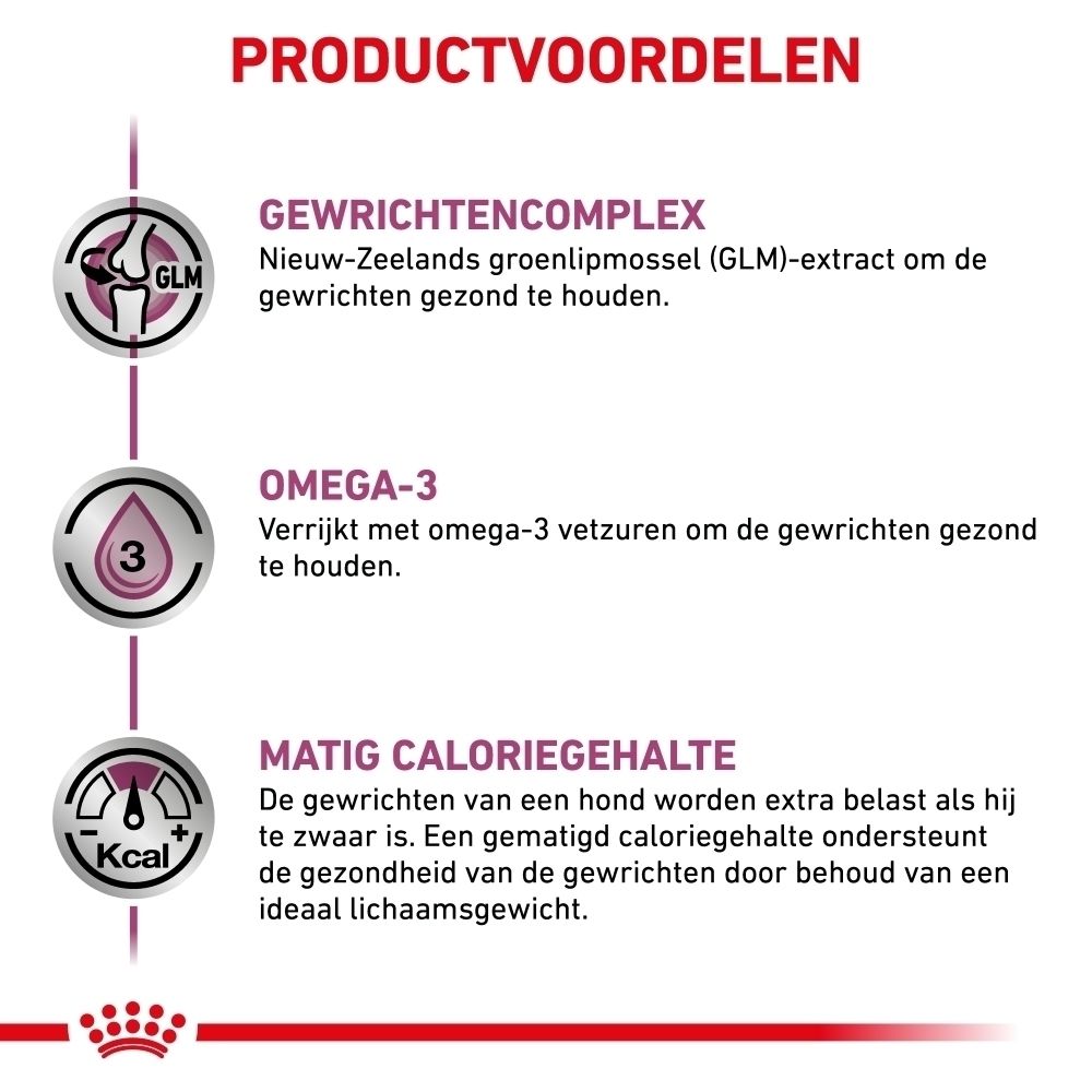 Grafiek over de productvoordelen van Royal Canin Mobility Support: gewrichtencomplex, Omega-3, calorieën.