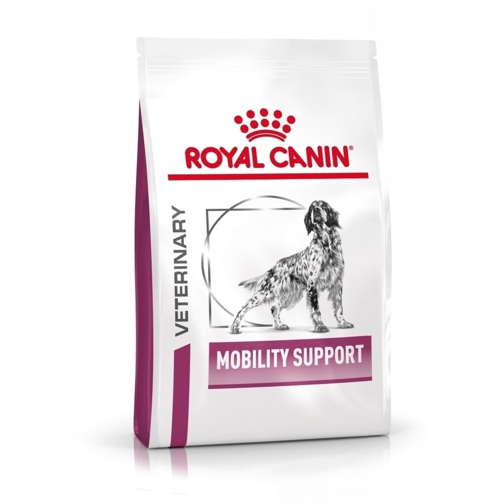 Sac de nourriture Royal Canin Veterinary Mobility Support pour chien avec image de chien.