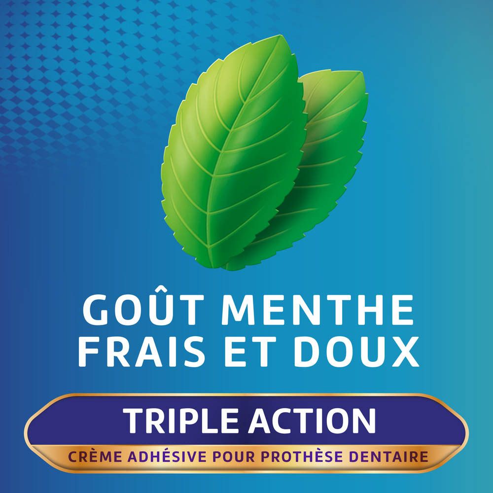 Deux feuilles de menthe verte. Texte: Goût menthe frais et doux. Triple Action.