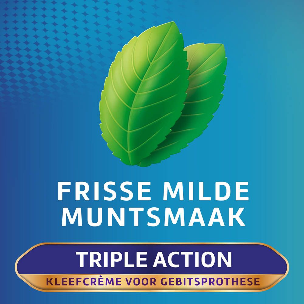 Twee groene muntbladeren. Tekst: Frisse milde muntsmaak. Triple Action.