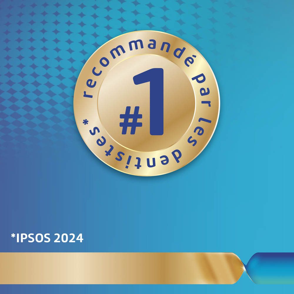 Médaille d'or avec le numéro 1. Texte: Recommandé par les dentistes.