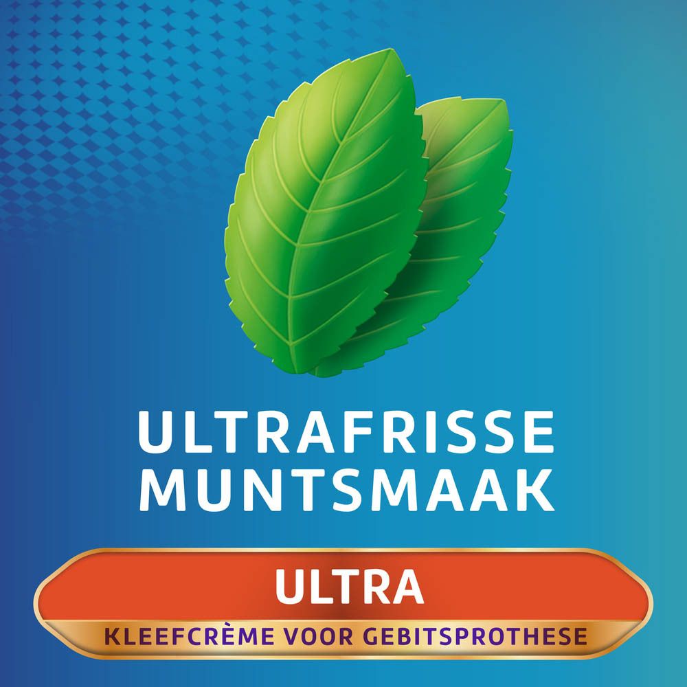 Twee groene bladeren. Tekst: Ultrafrisse Muntsmaak. Oranje streep. Tekst.