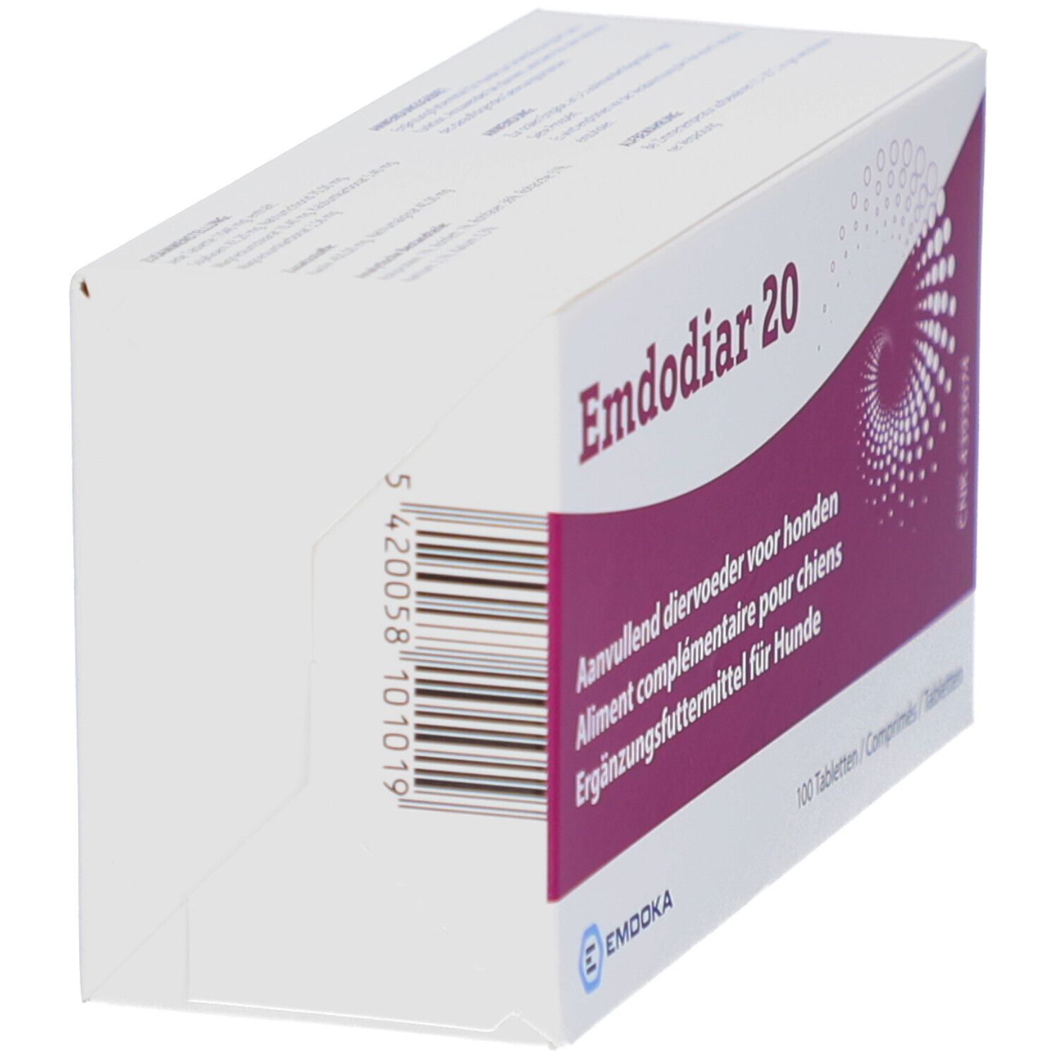 Witte verpakking, schuin van opzij gezien. Opdruk: Emdodiar 20. Barcode en tekst in meerdere talen.
