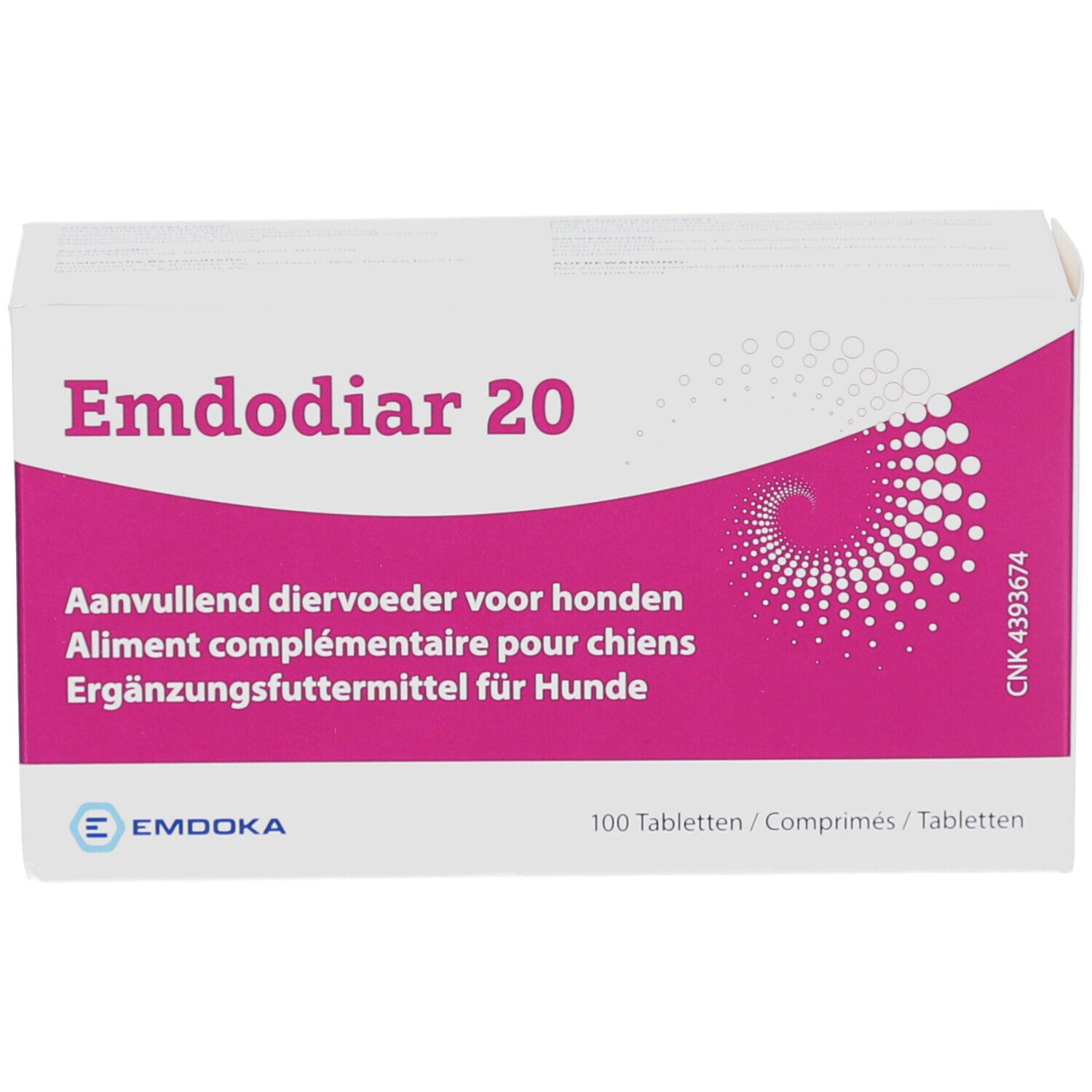 Witte rechthoekige verpakking met paarse accenten. Opschrift: Emdodiar 20. Aanvullend diervoeder voor honden. 100 tabletten.