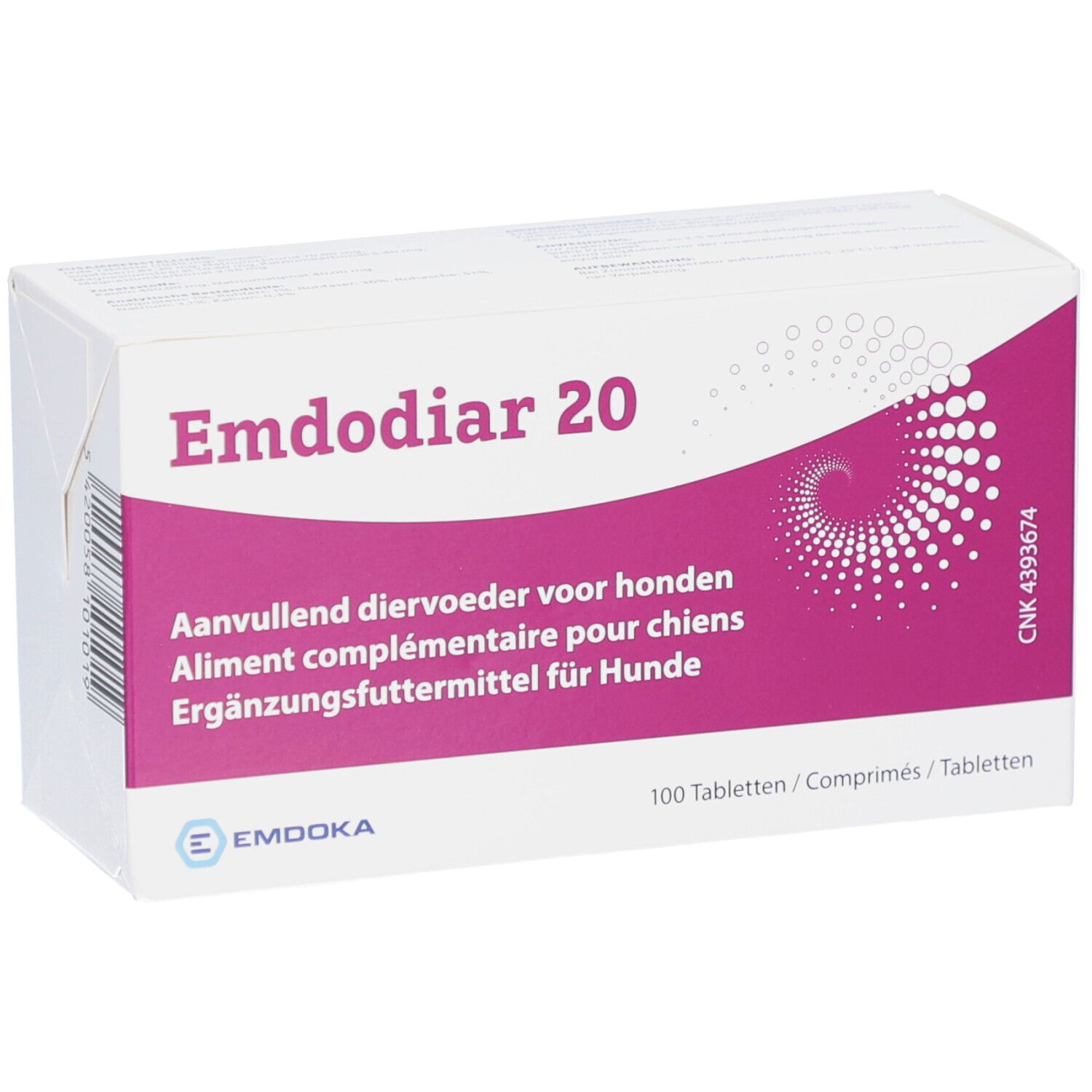 Witte rechthoekige verpakking met paarse accenten. Opschrift: Emdodiar 20. Aanvullend diervoeder voor honden. 100 tabletten.