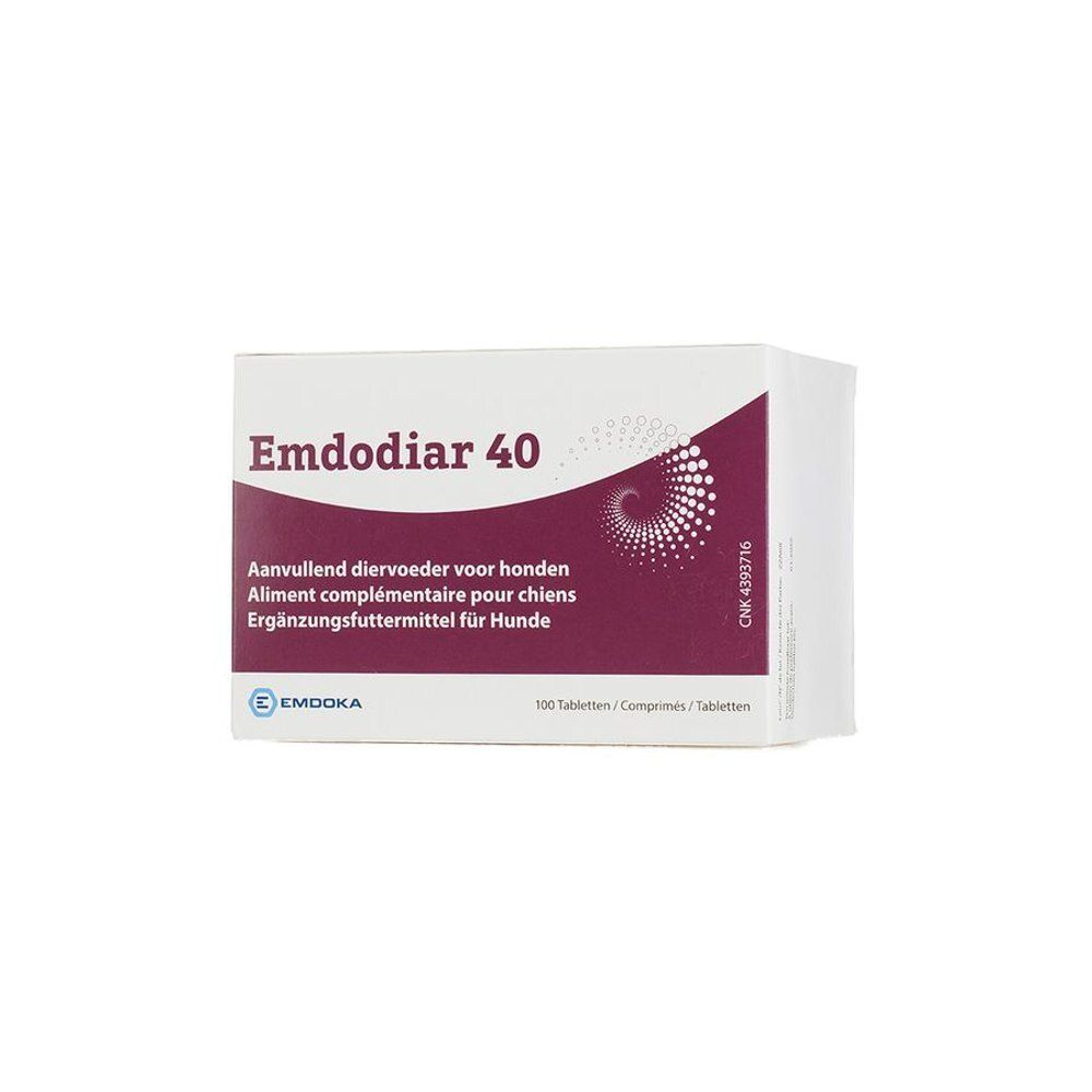 Witte doos met "Emdodiar 40". Tekst in het Nederlands, Frans en Duits. EMOOKA logo. Bevat 100 tabletten.