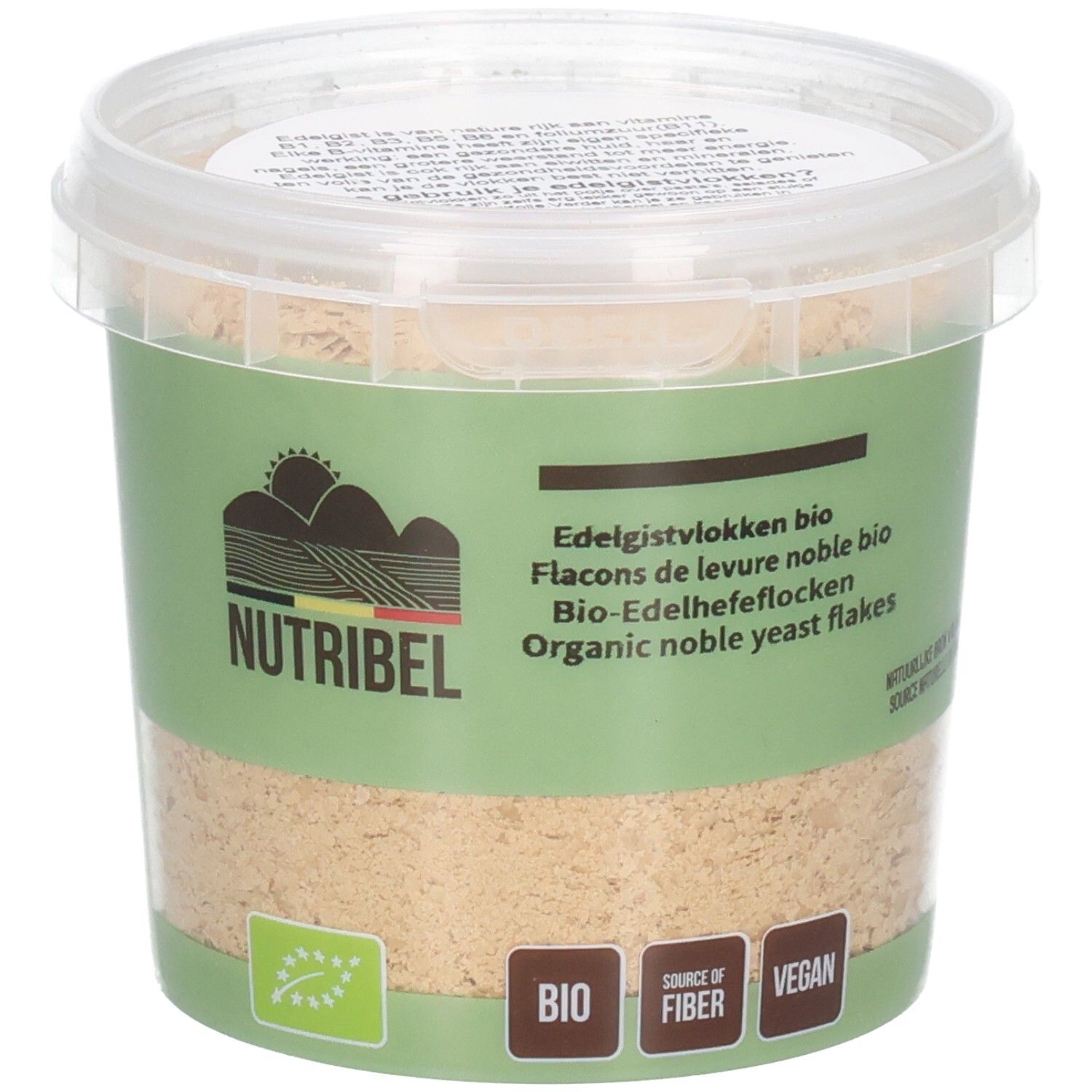 Pot de Nutribel Edelgistvlokken Bio. Étiquette verte et blanche avec nom du produit, logo et label bio. Vegan.
