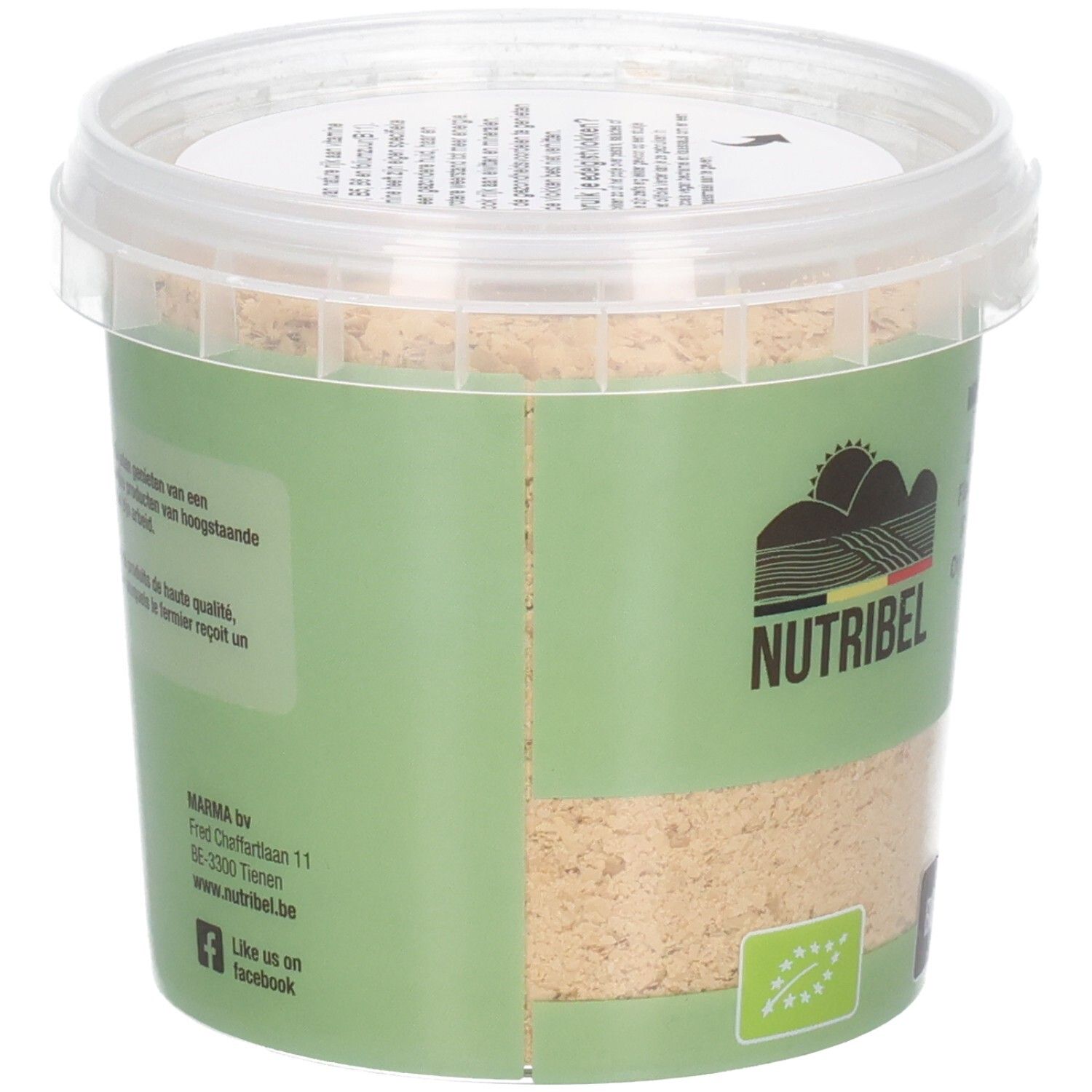 Dos du pot de Nutribel Edelgistvlokken Bio. Étiquette verte avec texte et label bio. Vegan.