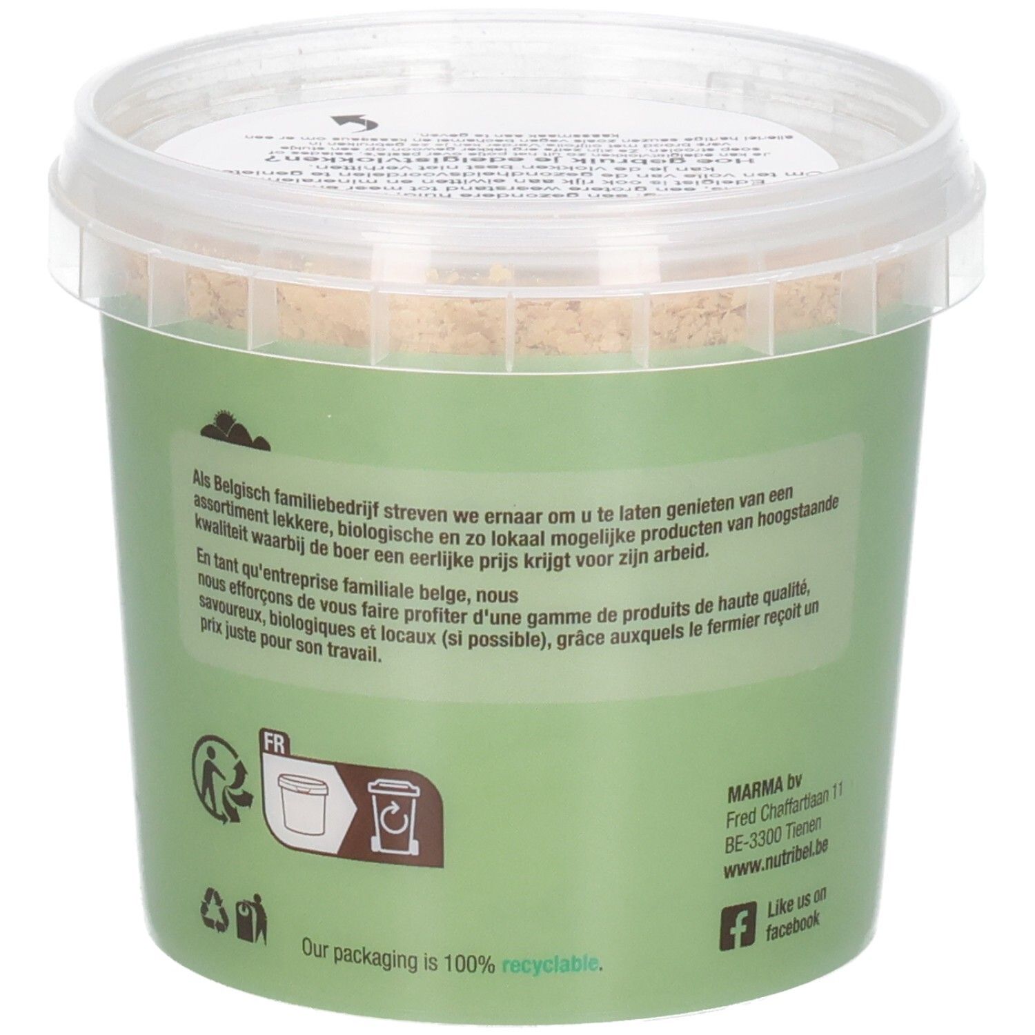Dos du pot avec texte. Étiquette verte avec texte et symboles de recyclage. Vegan.