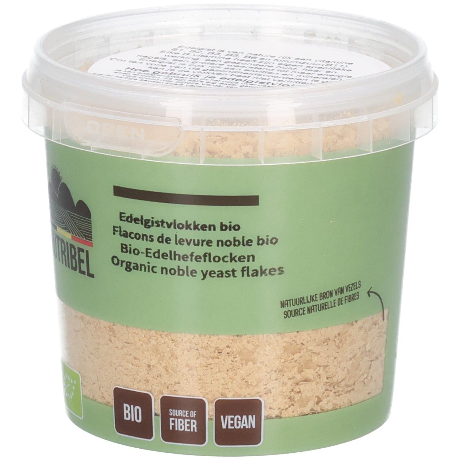 Pot de Nutribel Edelgistvlokken Bio. Étiquette verte avec nom du produit, logo et label bio. Vegan.