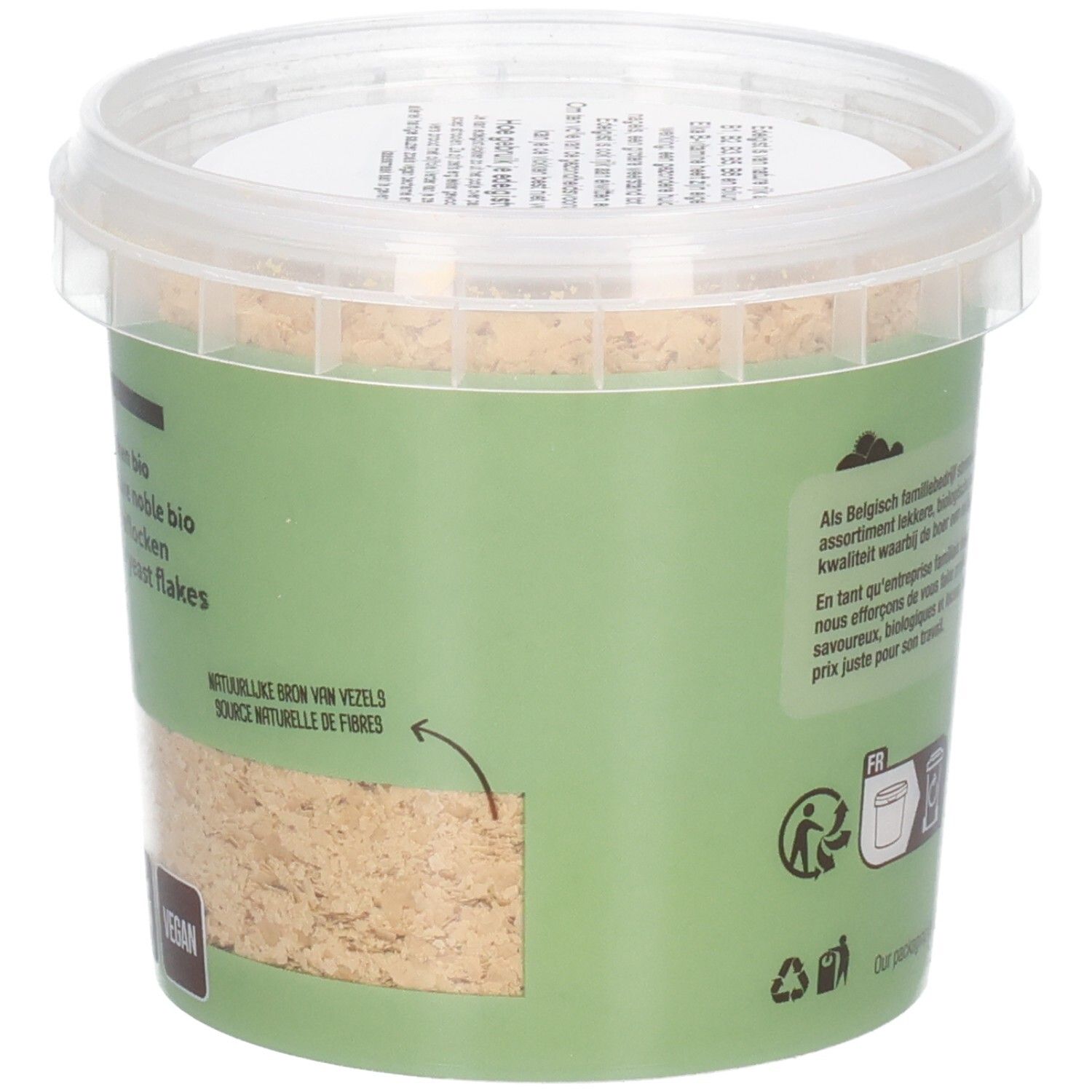 Dos du pot avec texte. Étiquette verte avec texte et symboles de recyclage. Vegan.