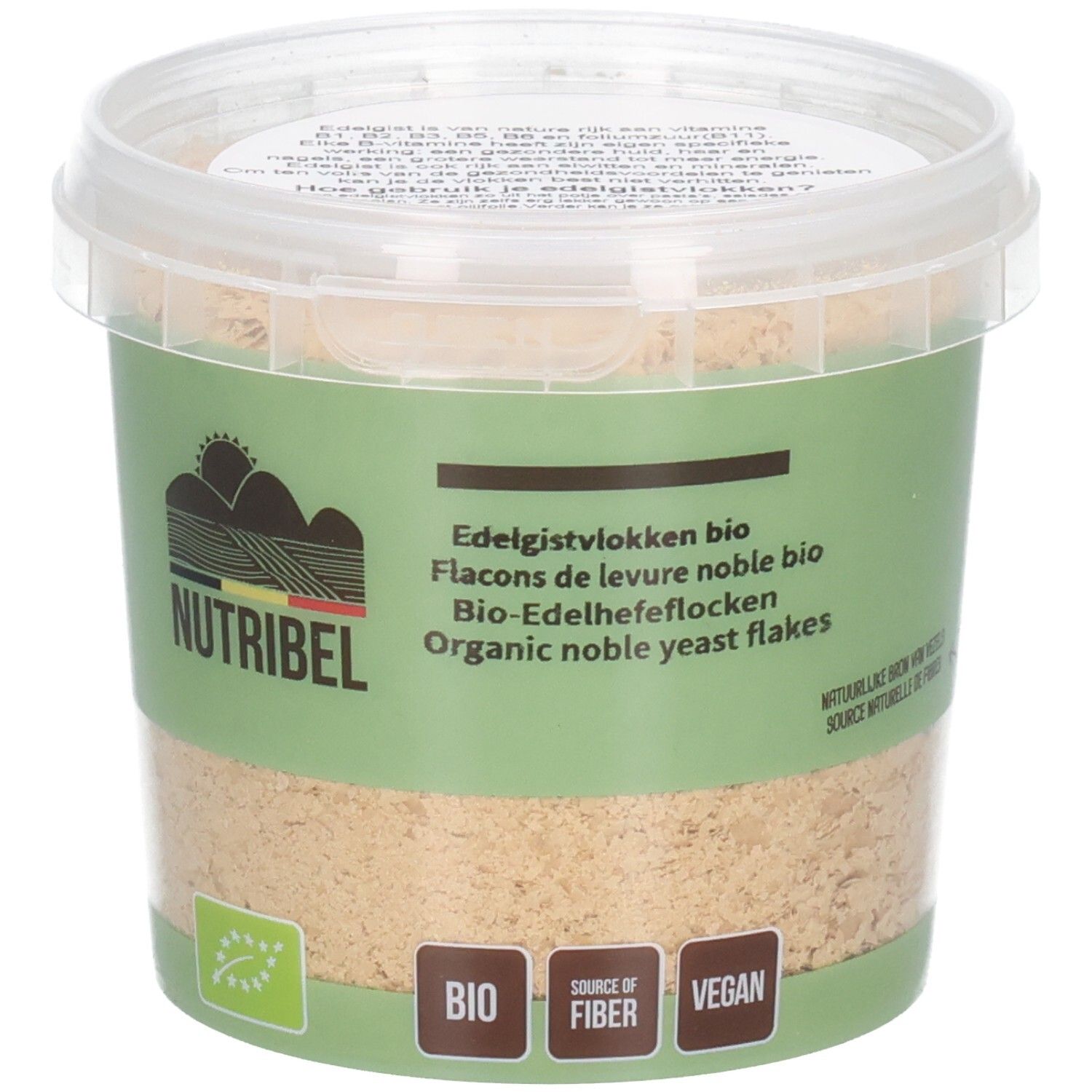 Pot de Nutribel Edelgistvlokken Bio. Étiquette verte avec nom du produit, logo et label bio. Vegan.