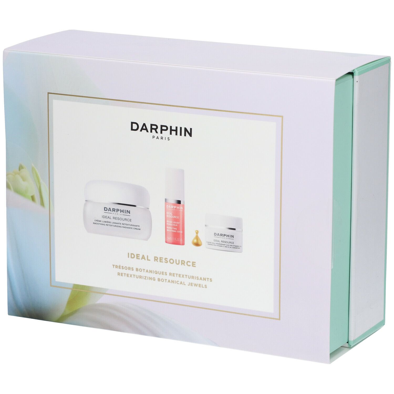 Cadeauset met drie cosmetische producten. Witte doos met productafbeeldingen en de tekst DARPHIN.