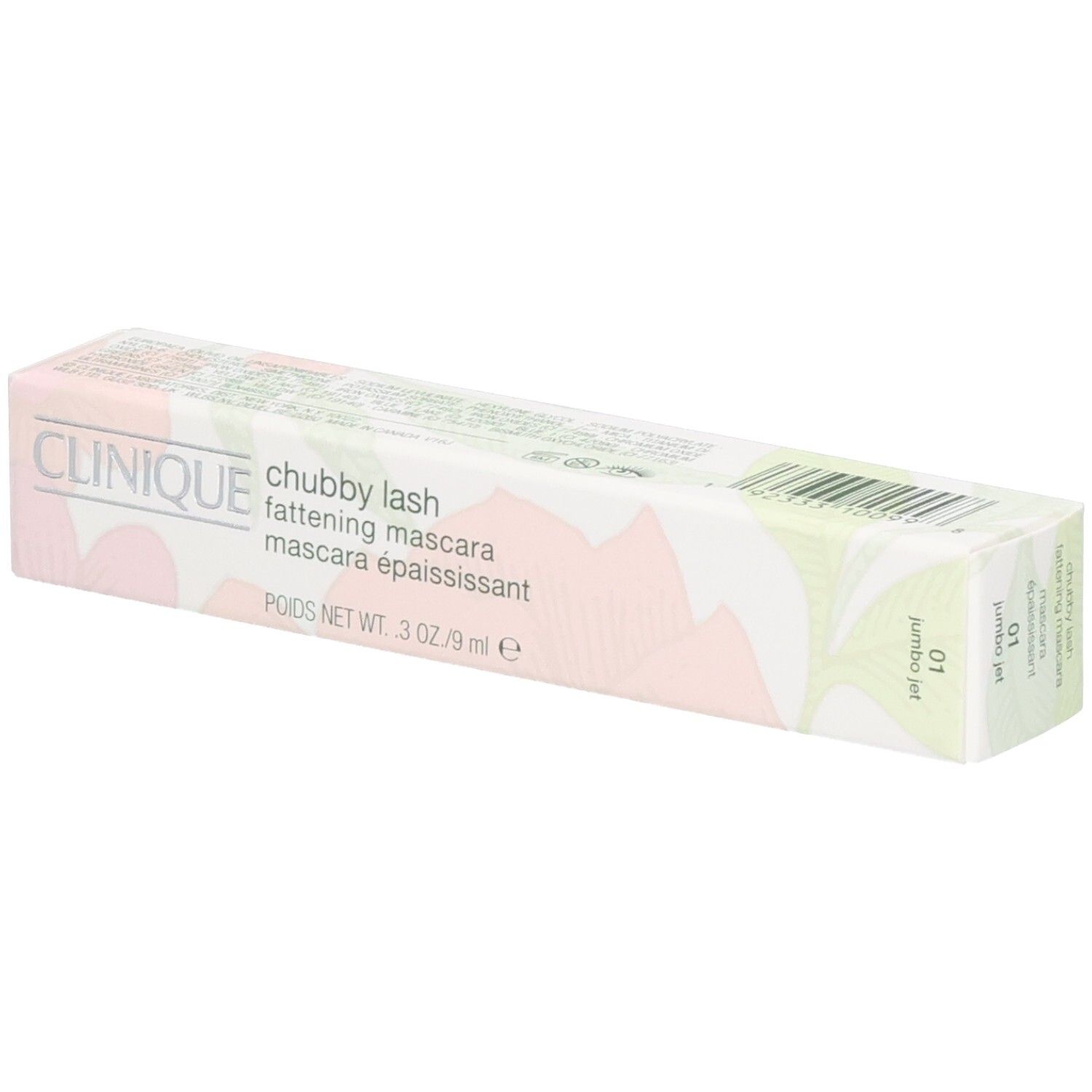 Clinique Chubby Lash Mascara verpakking. Roze, wit en groen. Tekst: Clinique, Chubby Lash, Fattening Mascara, 9ml.