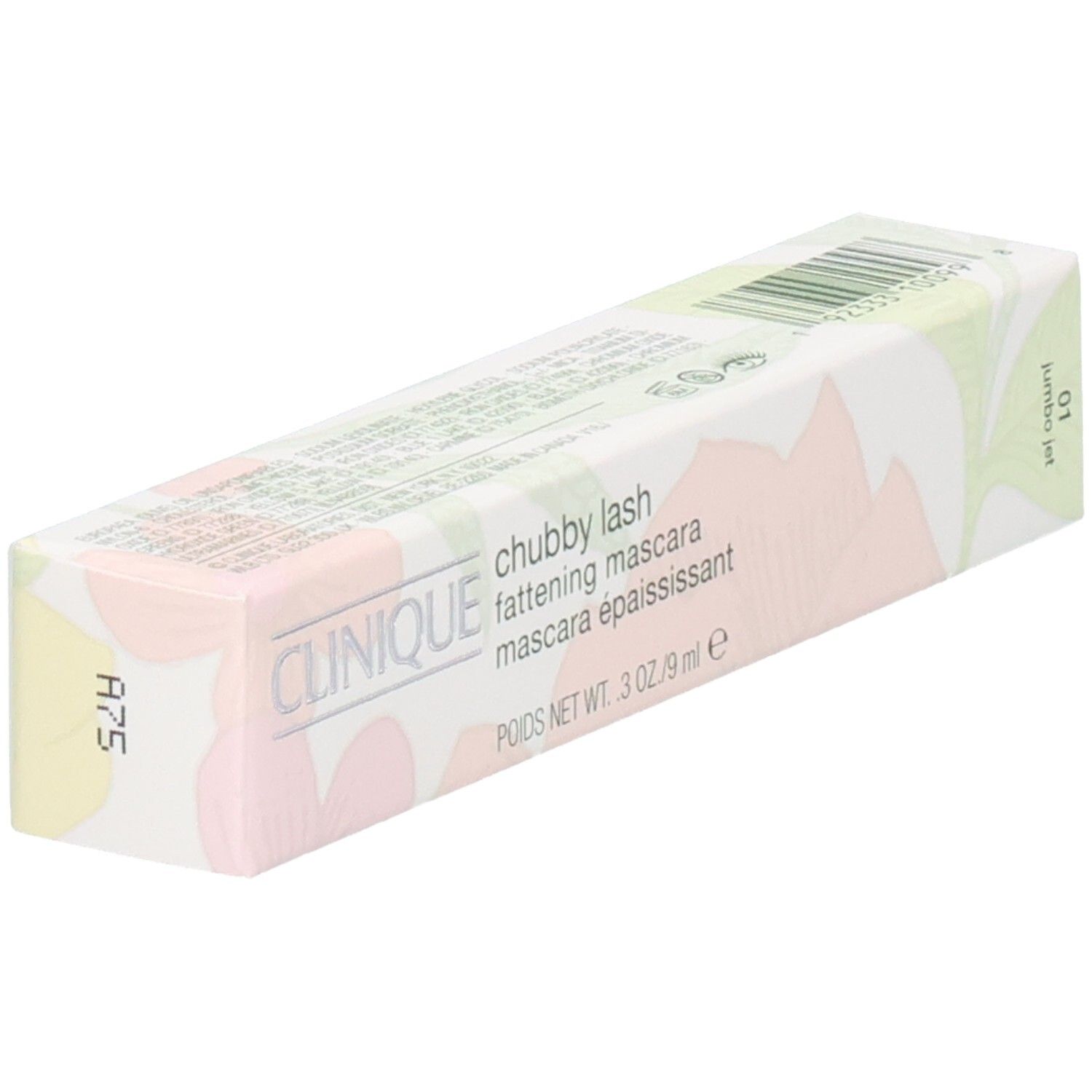 Clinique Chubby Lash Mascara verpakking. Roze, wit en groen. Tekst: Clinique, Chubby Lash, Fattening Mascara, 9ml.