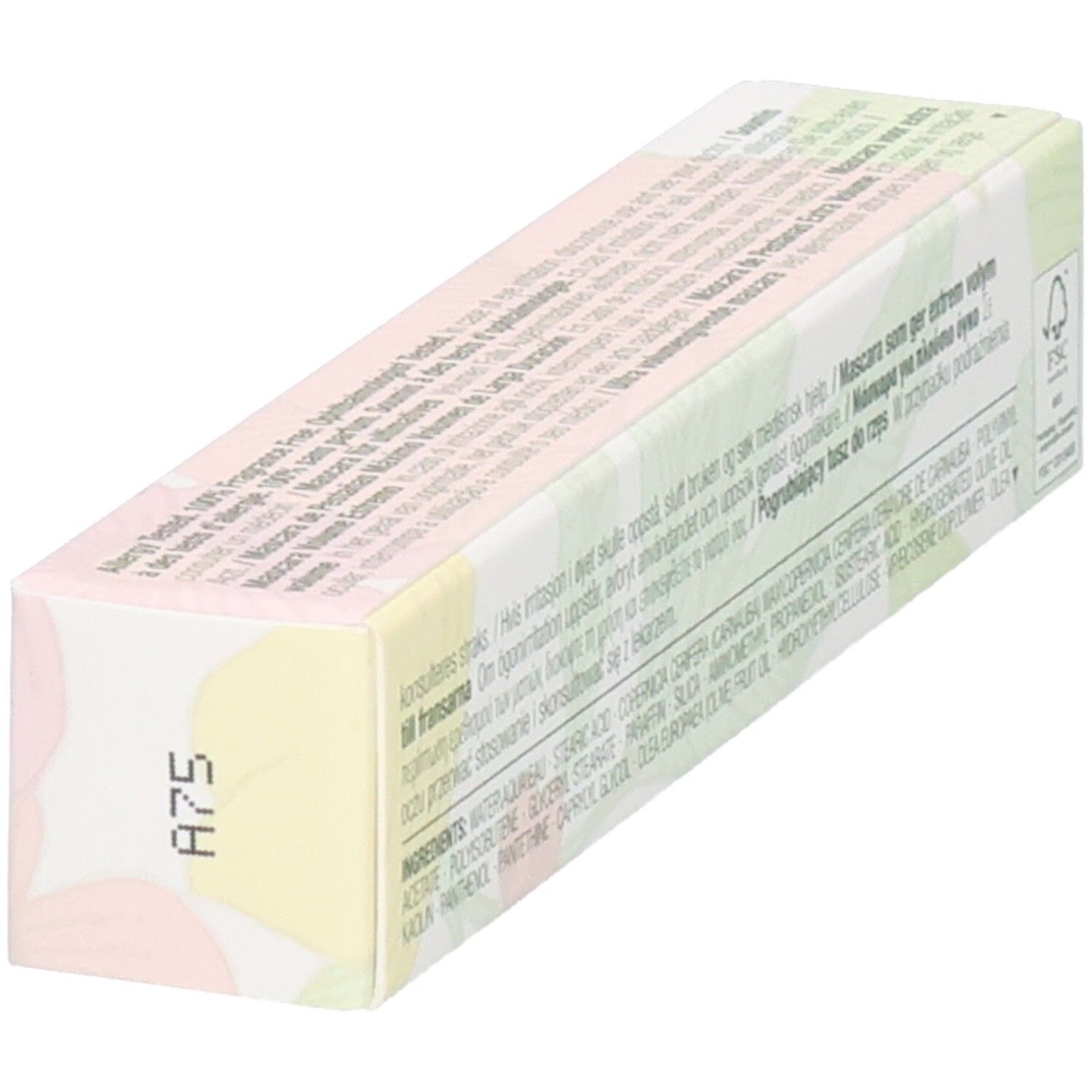 Achterkant van de Clinique Chubby Lash Mascara verpakking. Tekst: ingrediënten, FSC-logo, meertalige tekst.
