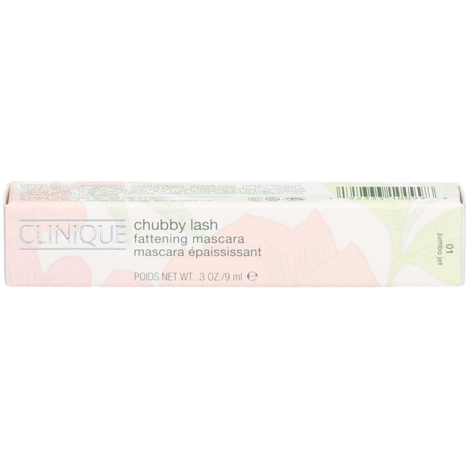 Clinique Chubby Lash Mascara verpakking. Roze, wit en groen. Tekst: Clinique, Chubby Lash, Fattening Mascara, 9ml.