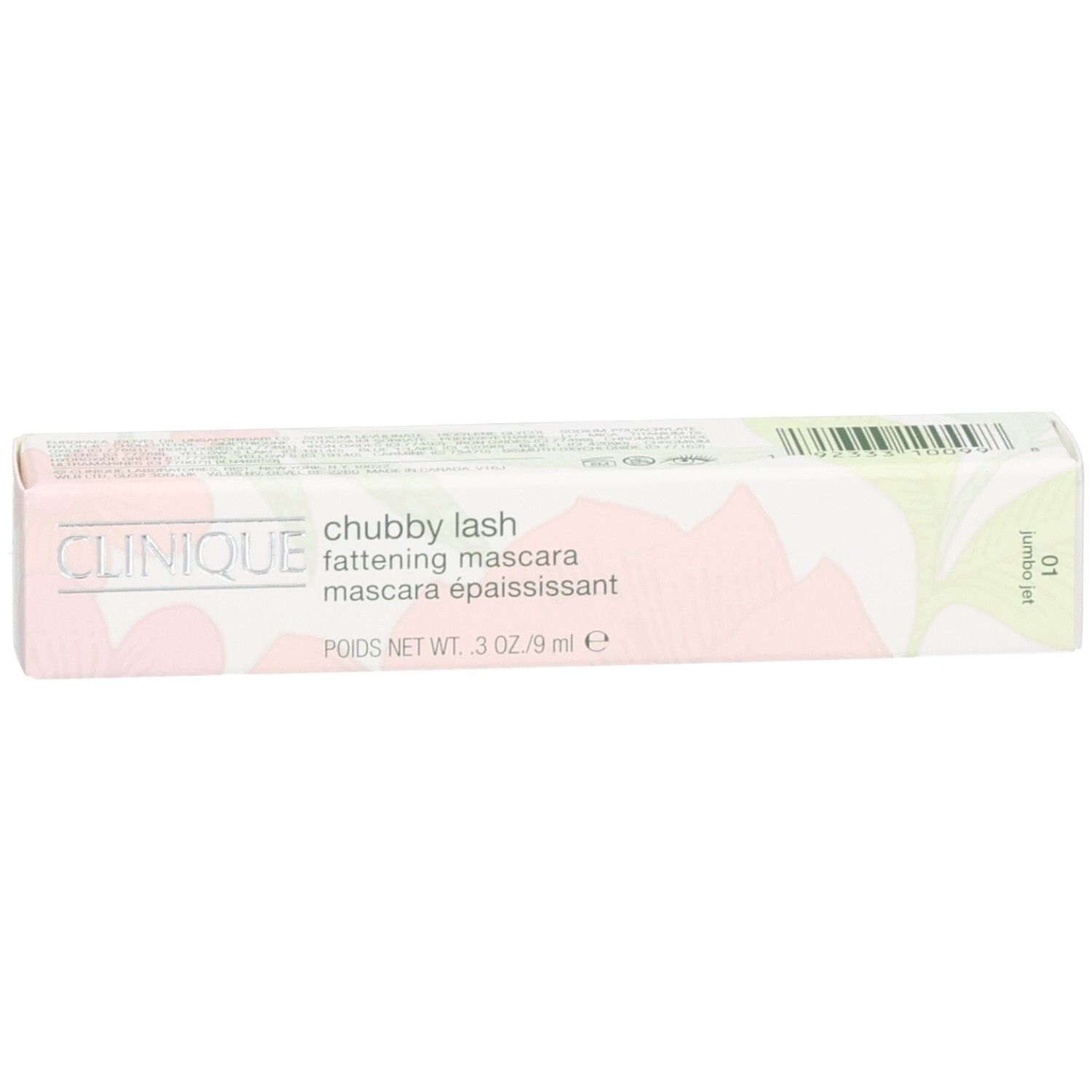 Clinique Chubby Lash Mascara verpakking. Roze, wit en groen. Tekst: Clinique, Chubby Lash, Fattening Mascara, 9ml.