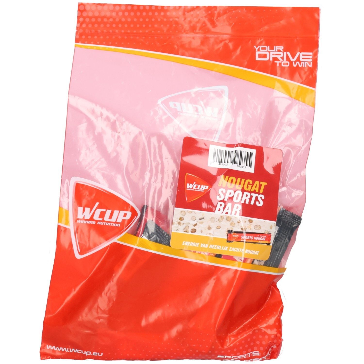 Emballage transparent avec logo Wcup et barre Nougat Sports. Accents rouges et jaunes. Code-barres et texte sur l'emballage.