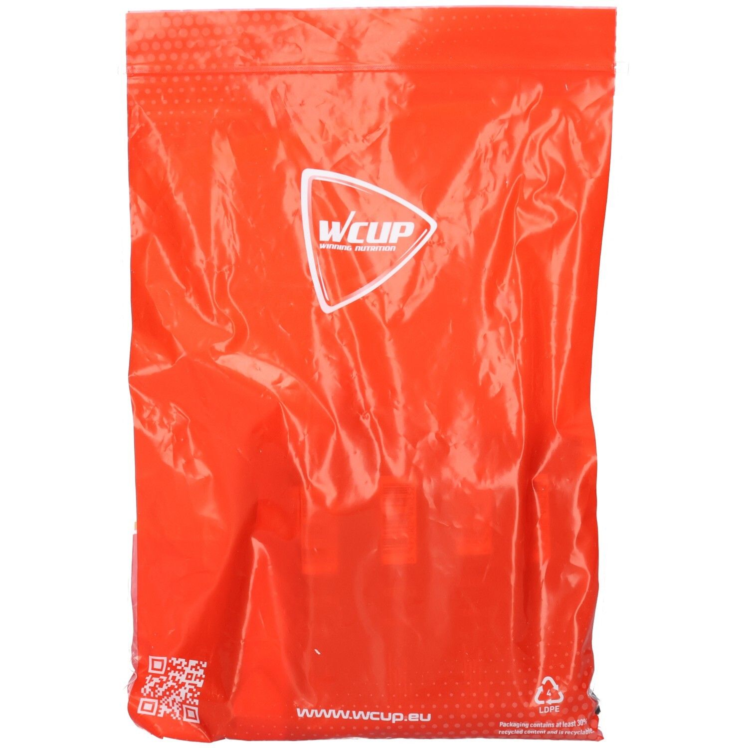 Emballage orange avec logo Wcup. Code QR et adresse du site Web en bas. Symbole de recyclage.