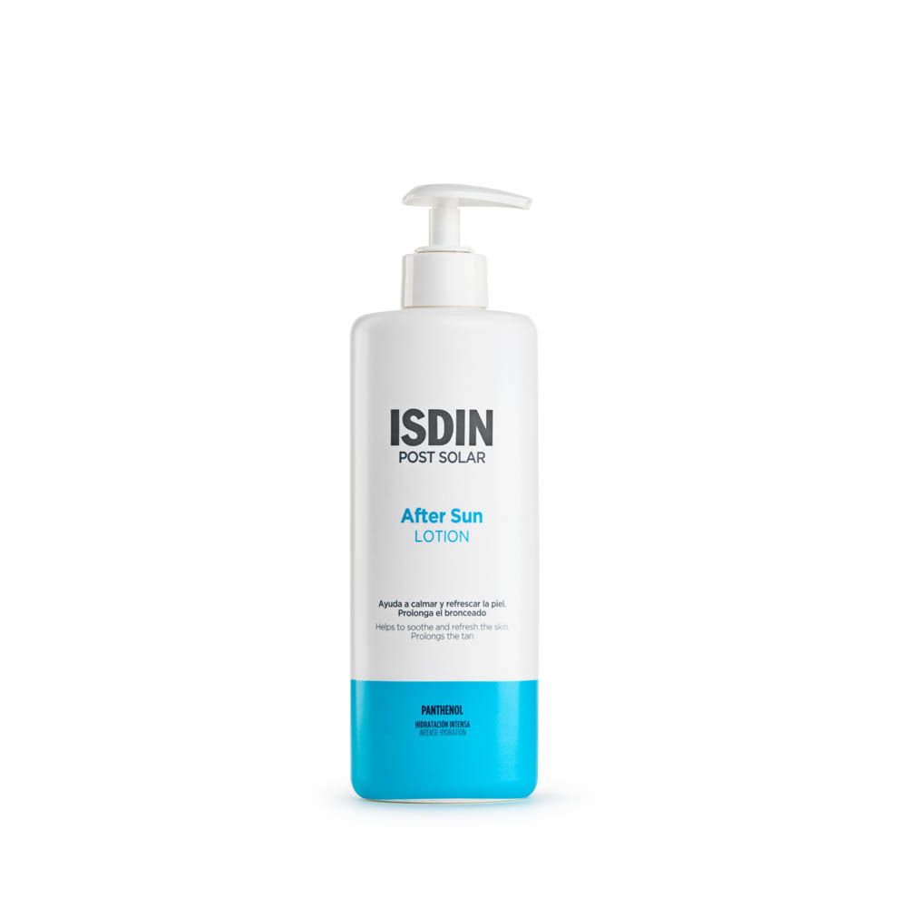 ISDIN Post-Solar After Sun Lotion fles met pomp. Blauw-witte kleurstelling.