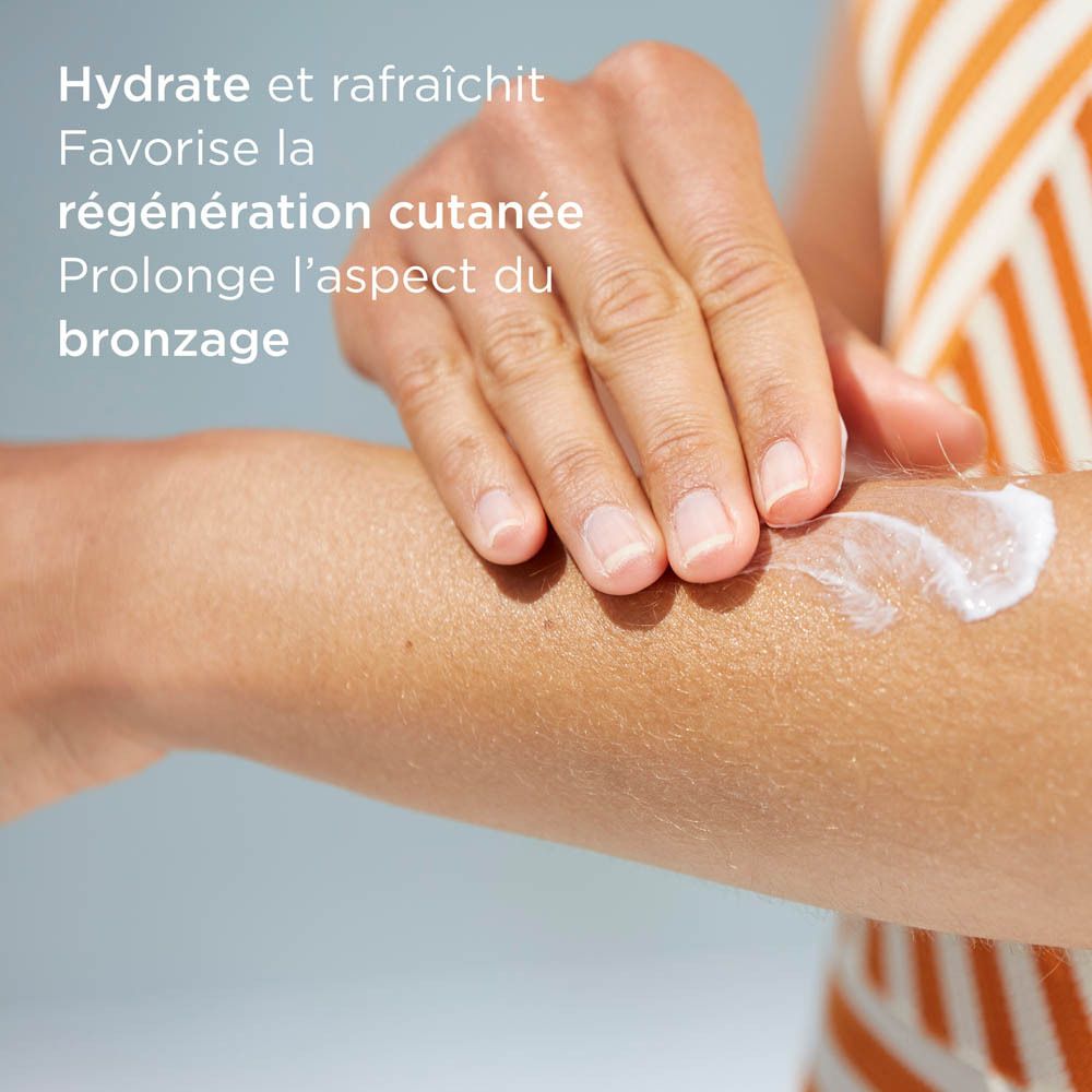 Bras avec lotion. Texte: Hydrate et apaise. Favorise la régénération cutanée.